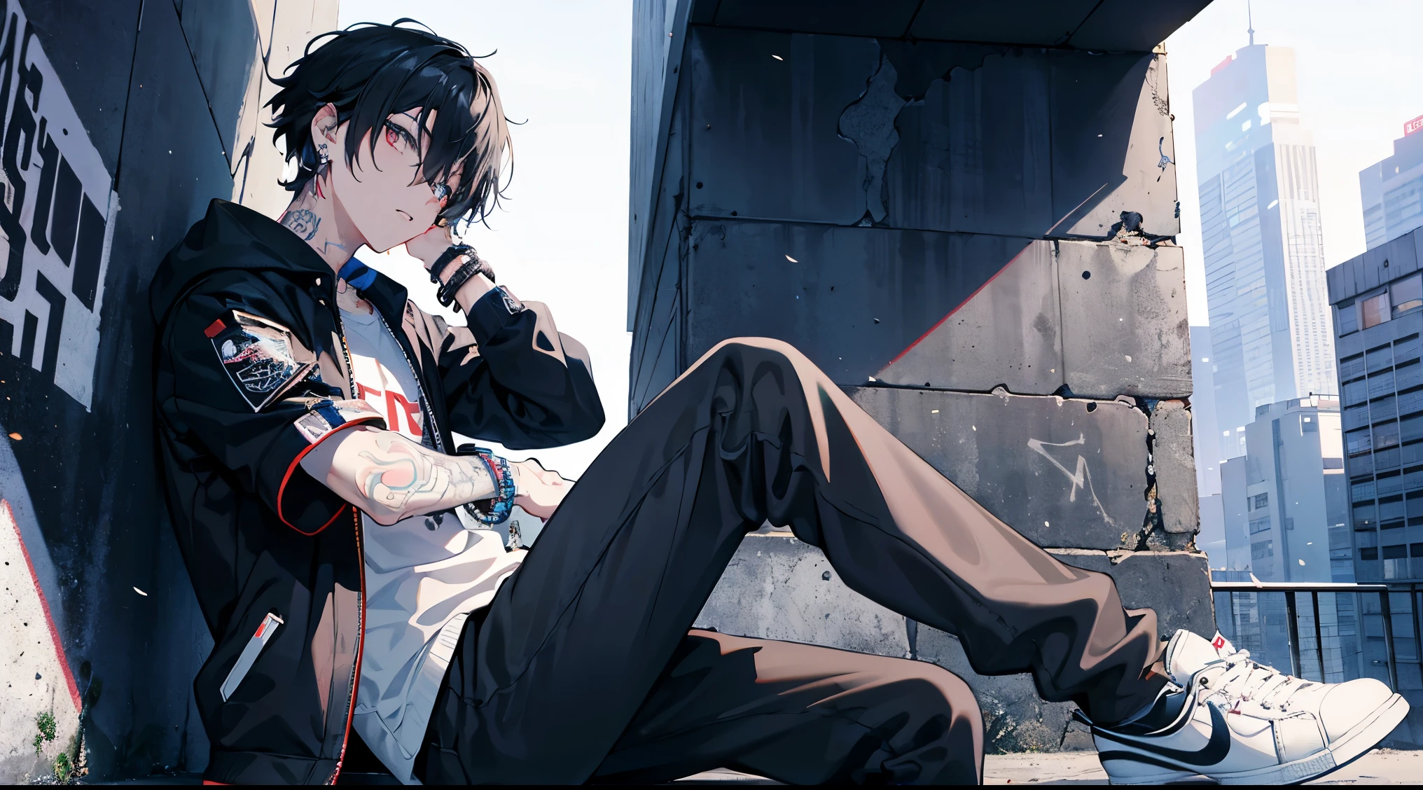 Black Modern Jacket、White sneakers、A well-dressed boy in black pants、Sitting in front of a wall with graffiti , Tattoos on his neck, Add accessories , Camera from a down angle , Modern City , Massy Hair , Neon Daylight , Cinematic , Stylish , hight resolution, Hyper Detailed , drown , Wearing a bracelet , Looking at the camera , 4K , Anime style , super detailed , Softtown , Modern gadgets , Note PC , Modern earrings .