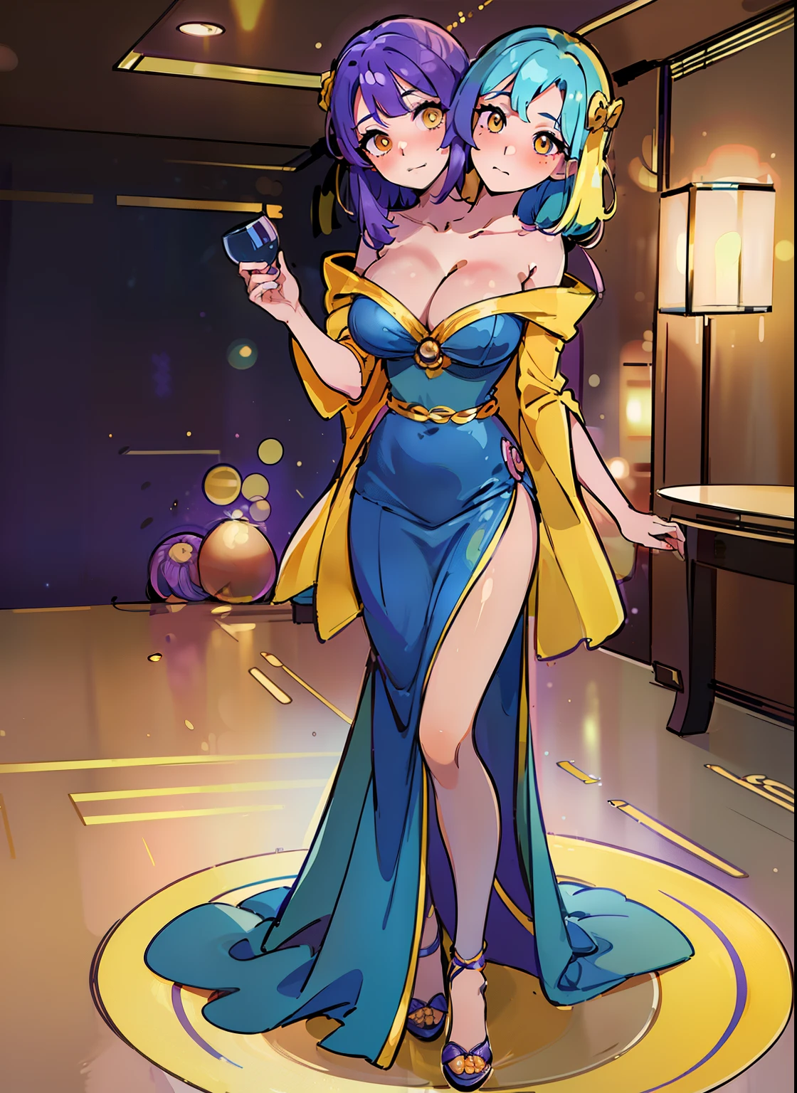 best quality, (masterpiece),(ultra-detailed), (high quality), (high resolution), (2heads:1.5), (light blue hair), (purple hair), ((yellow orange eyes)), ((blue new years dress)), full body, mature woman, gala party, ((New Year’s party)), pink drink