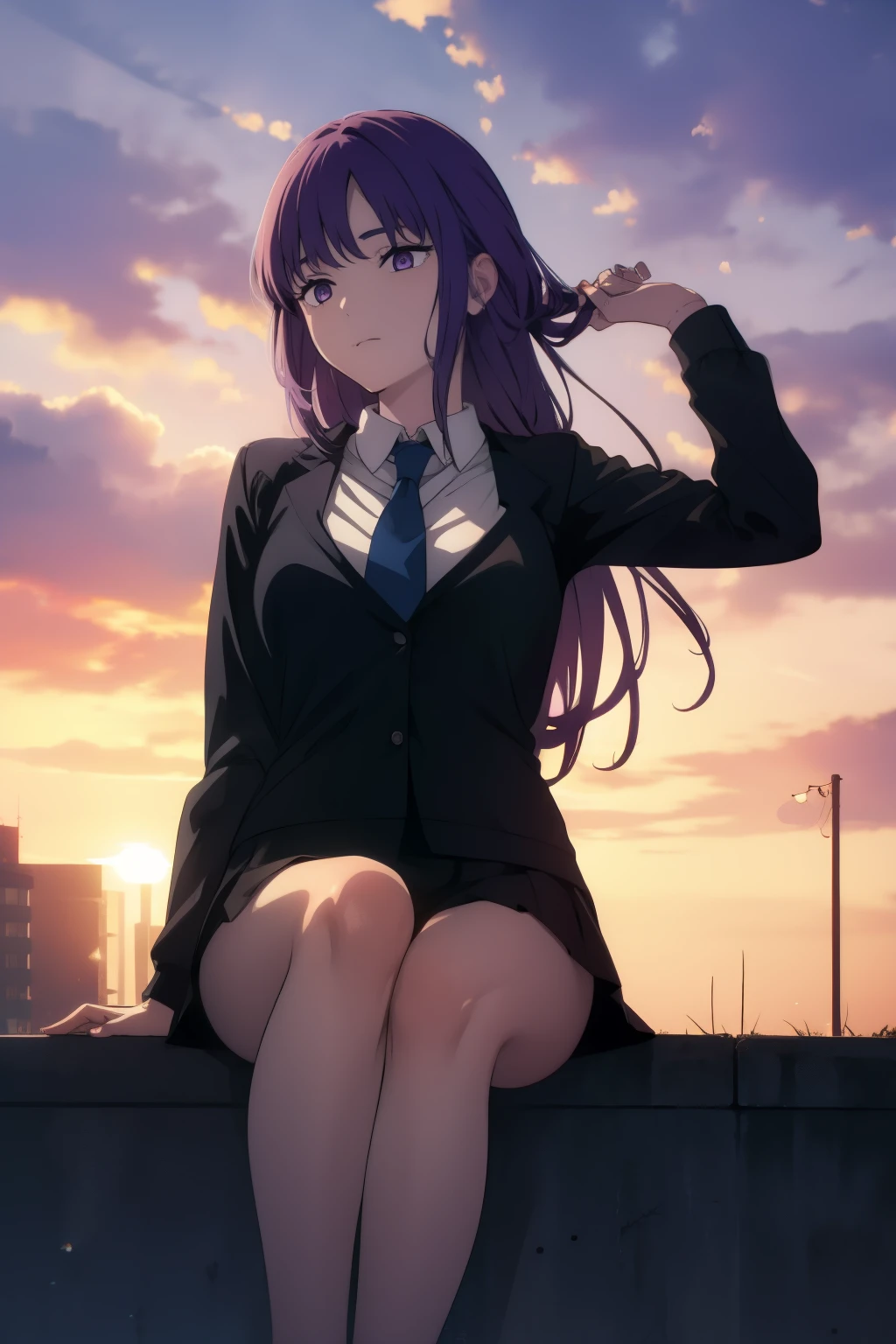 (((Obra maestra, La mejor calidad, ultrahigh resolution))), (expressive purple eyes), ((perfect anatomy)), 1girl, long hair, purple hair, sitting on floor, w legs, school uniform, concrete, ((outside)), steps, evening sunlight, sunset, professional photography,