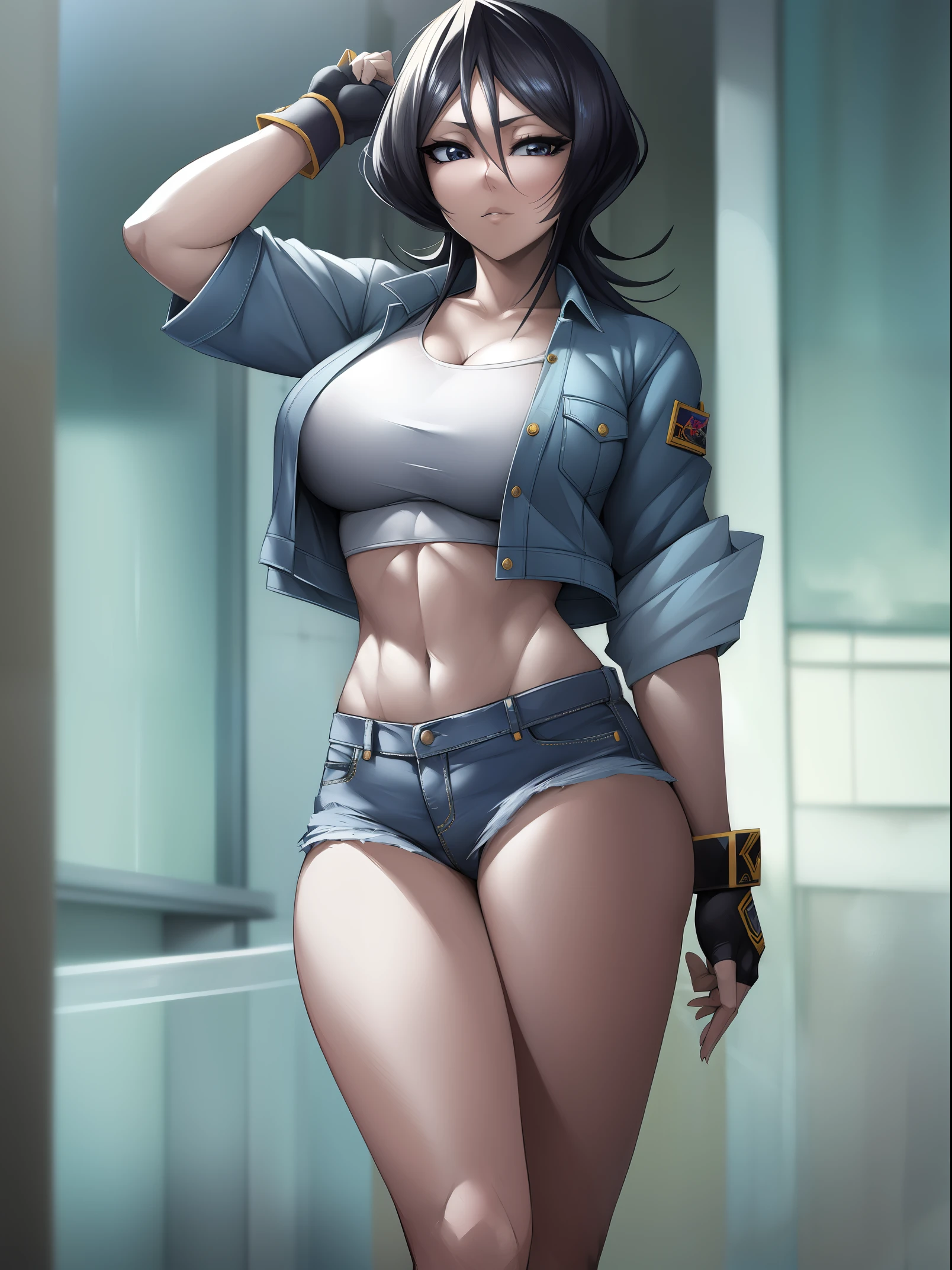 Masterpiece,8k, perfect face highly detailed,HDR, ultra realistic photoshoot, absurdres,award winning photo, extremely detailed, amazing, fine detail,
KazAsuka, Japanese woman, blue crop top, big breasts, denim jacket and minishorts, short black hair, MMA gloves, posing for a picture, in the streets of Osaka