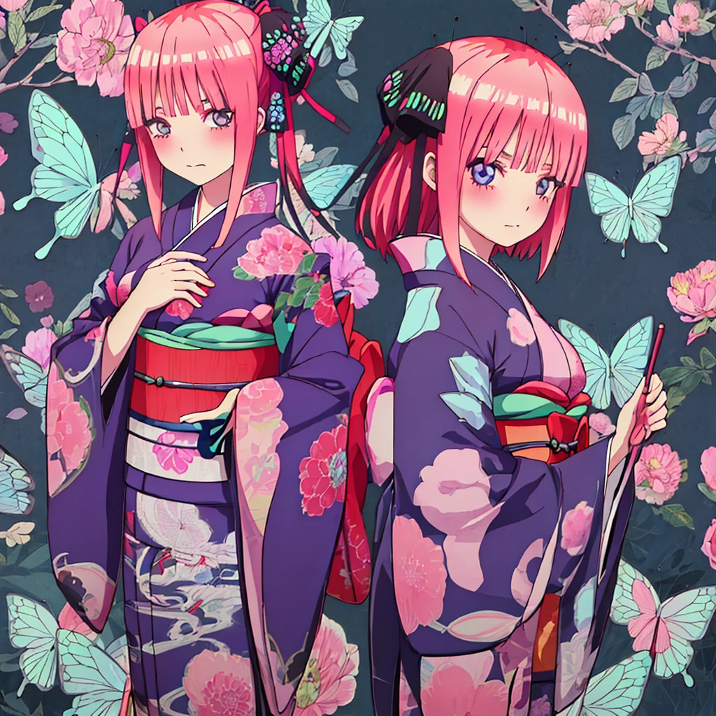 {Best Quality}, {very aesthetic}, {Ultra-detailed}, {Best Illustration}, one girl, japanese kimono, Kimono with butterfly pattern, Pink hair
