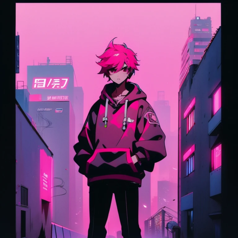 (short-cut), (Two-block hair), (vivid pink hair), (male character), (Red Eyes), (Cool pose), (of the highest quality), (masterpiece), (ultra-detailliert), (Oversized hoodies), (Street), (neons), (Modern City), (neonsデイライト), (Cinematic), (Stylish), (hight resolution), (Hyper Detailed), (Looking at the camera), (Anime-style), (Softtown), (nightcore), (a handsome man), (Listening to music through headphones), (natural appearance of the building), (casual), (ig studios anime style), (Multifaceted camera work), (Standing Pose)