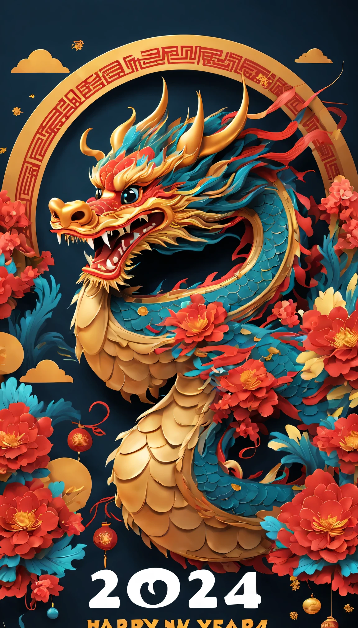 Holiday poster: new year 2024, com mascot: Cartoon Chinese dragon