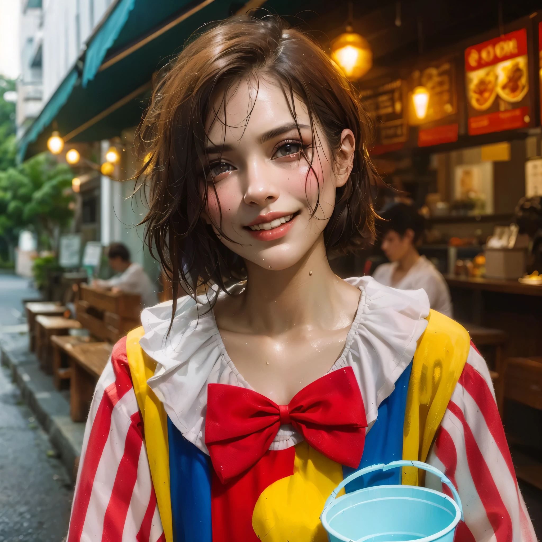 araffe clown with large breast with a small bucket on the street, clown girl, cutecore clowncore, wearing clown makeup, a bit dirty, sweaty face, dirty face, creepy clown girl, wearing accurate clown makeup, clown makeup, anime girl in real life, y 2 k cutecore clowncore, realistic , realistic clown makeup, kawaii realistic portrait, real clown makeup, goth clown girl, clown face, masterpiece, best quality:1.2),,(8k,highres,RAW photo,realistic,photo-realistic:1.3),(detailed skin texture,detailed cloth texture,beautiful detailed face:1.25),professional lighting,photon mapping,beautiful soft light,radiosity,physically-based rendering,raytracing, model shoot style, model shoot style, (extremely detailed CG unity 8k wallpaper), full shot body photo of the most beautiful artwork in the world, (((nsfw)))