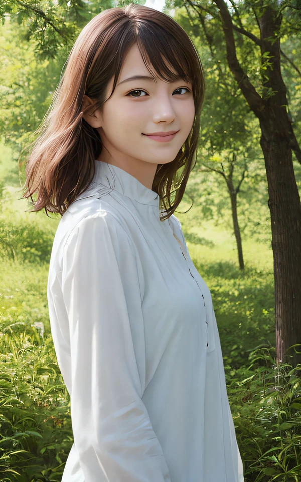 (Realistic photo of cute girl), white blouse, little smile, forest