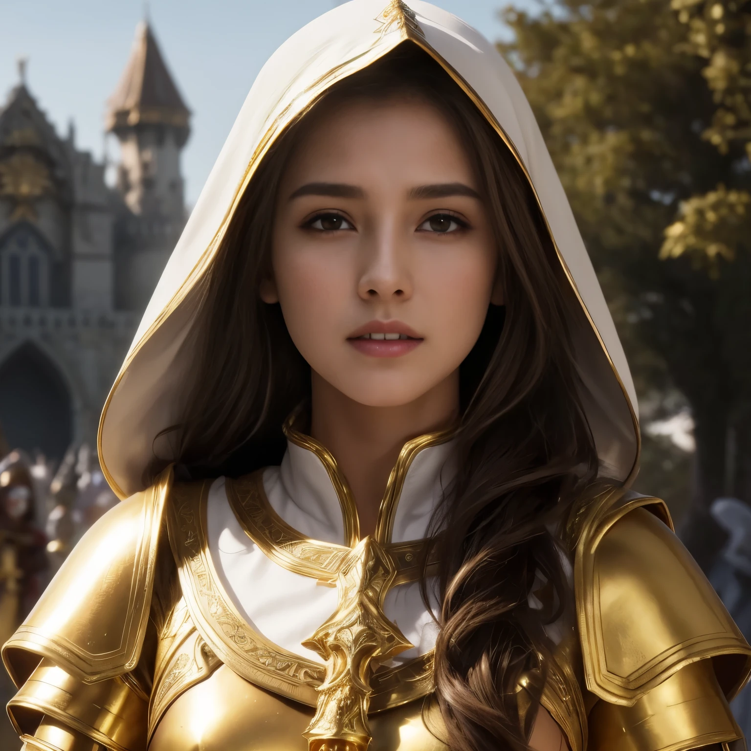 16k ultra hd 3x4 image young role-playing style woman brown hair fair skin upturned nose wearing white tunic with golden details armor detailed golden shoulders style priestess cleric with detailed hood and innocent expression profile image chest and face landscape background RPG castle sunny day