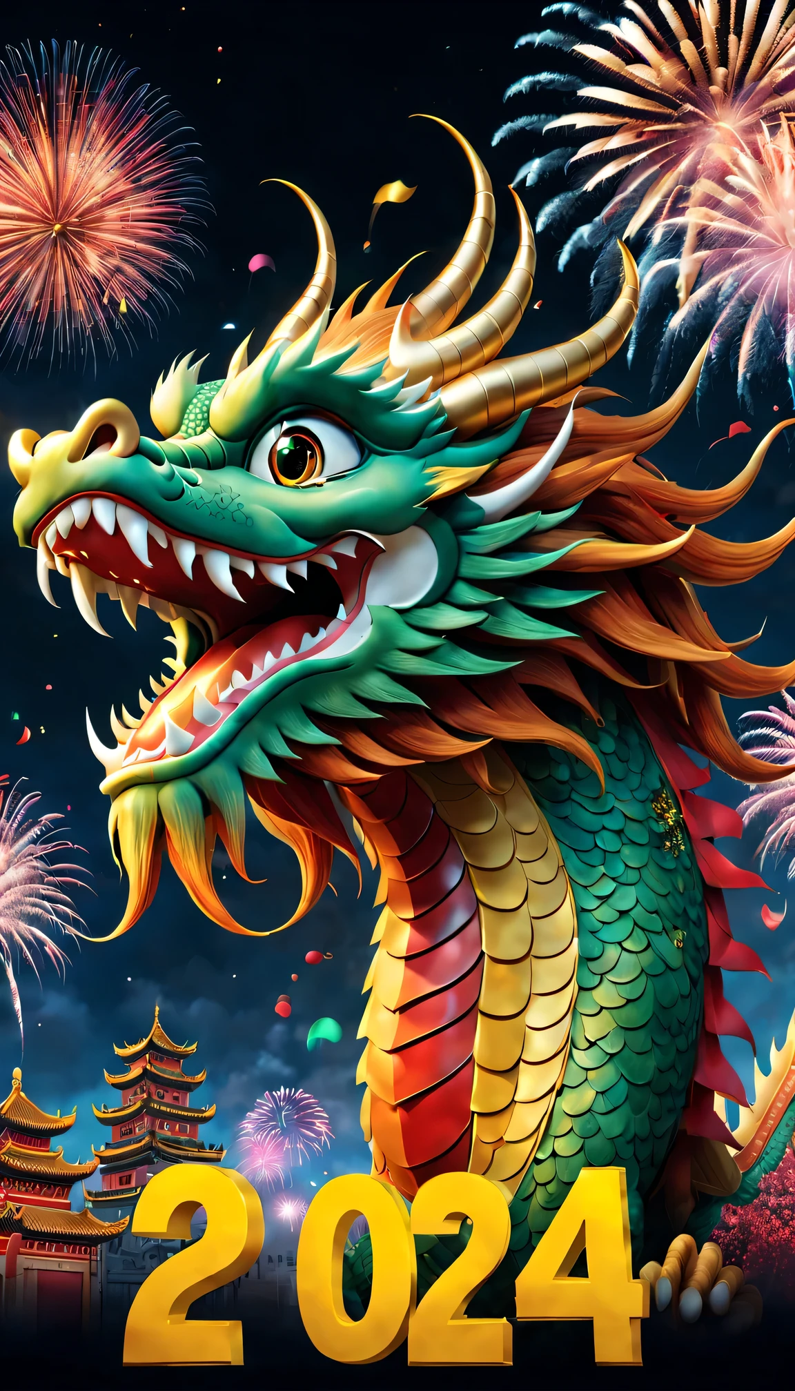 Holiday poster: (2024) new year, com mascot: Cartoon Chinese dragon,Background with: A grand fireworks display lights up the sky,(Best quality at best,4K,A high resolution,tmasterpiece:1.2),ultra - detailed,(actual,photoactual,photo-actual:1.37)