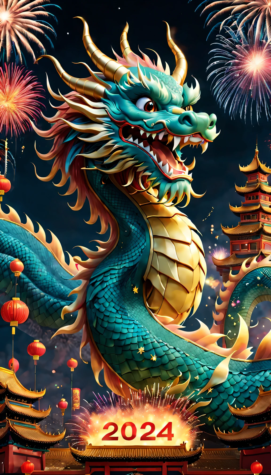 Holiday poster: (2024) new year, com mascot: Cartoon Chinese dragon,Background with: A grand fireworks display lights up the sky,(Best quality at best,4K,A high resolution,tmasterpiece:1.2),ultra - detailed,(actual,photoactual,photo-actual:1.37)