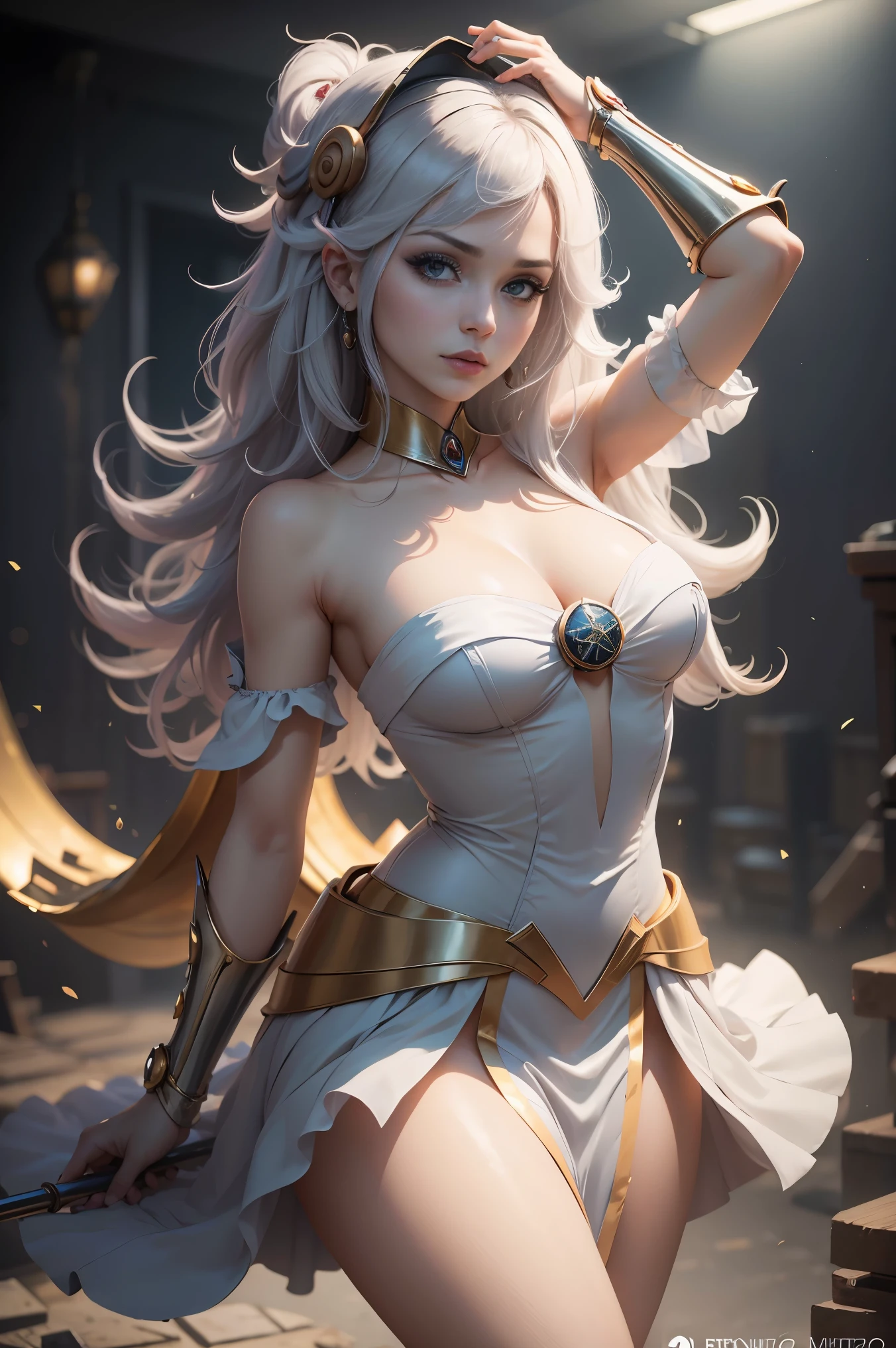 solamente, Super fine photo, Unreal Engine 5 8K UHD digital art portrait of a girl, Arte conceptual, character concept design, wearing a tight, shiny white dress with metallic details, corona de oro, ojos azules, fantasy princess, guante metalico, cabello largo y rubio, La mejor calidad, Obra maestra, Super detailed, foco nítido, pose Sujestiva y sexy y inocente y