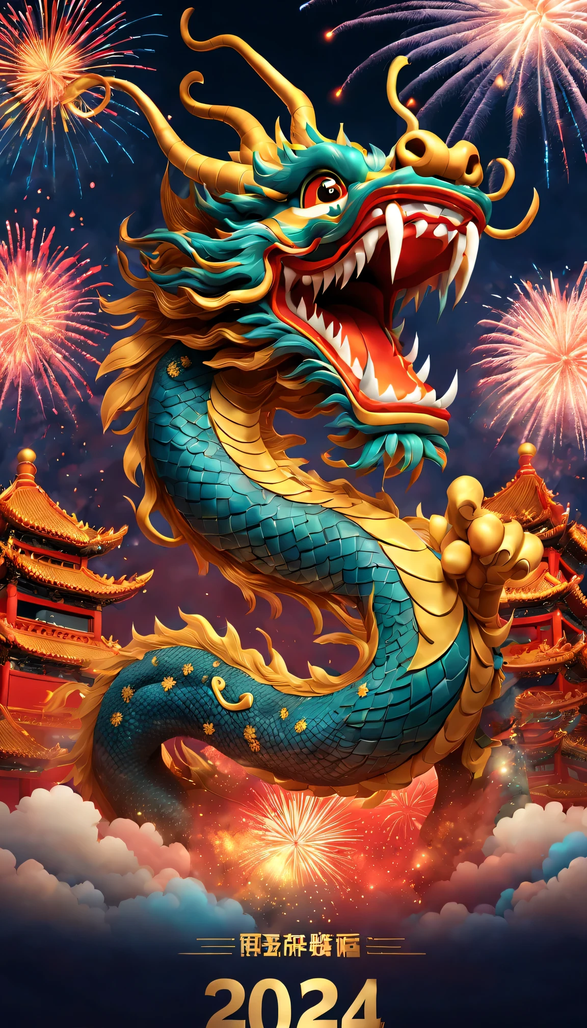 Holiday poster: (2024) new year, com mascot: Cartoon Chinese dragon,Background with: A grand fireworks display lights up the sky,(Best quality at best,4K,A high resolution,tmasterpiece:1.2),ultra - detailed,(actual,photoactual,photo-actual:1.37)