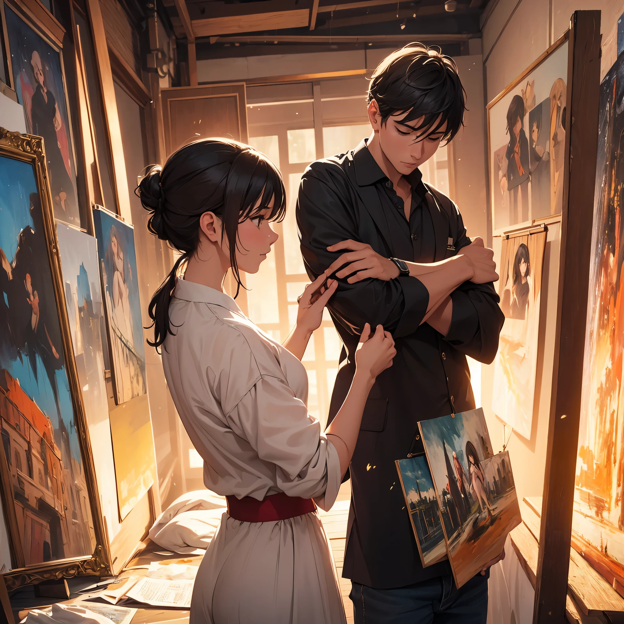 (best quality,8k,cinematic:1.2),passionate couple painting together,romantic atmosphere,vibrant colors,beautiful lighting,brushstrokes,artistic collaboration,love and creativity,shared passion,expressive emotions,canvas masterpiece,breathtaking composition,rich textures,harmonious coordination,art studio,bright palette,blending colors,detailed painting process,dynamic poses,loving gazes,inspiring each other,creating memories,deep connection,artistic expression,elegant strokes,artistic harmony,romantic ambiance,focused concentration,creative energy,unforgettable masterpiece,painters' devotion,artistic journey,fine art creation,emotional depth,visual storytelling,masterful technique,blurred background,warm color tones,heartfelt brushwork,artistic love affair,inspiring brushstrokes,shared inspiration,enchanted artistry.