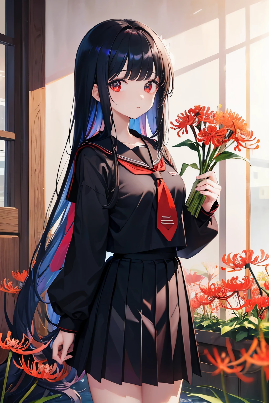 (in 8K, Best Quality, masutepiece:1.2)、超A high resolution、1 very cute and beautiful girl、ultra-detailed face,detailed eyes,(iridescent light:1.4)、A dark-haired、long straight hair、blunt bangs,expressionless,(porcelain skin:1.2),BREAK,wearin gblack serafuku,school uniform,((The large sailor collar is long enough to reach just below the chest.))、((black sailor collar with two red stripes)), (red tie:1.5), (black tops:1.5), long sleeves, ((black pleated skirt)),Detailed fingers,BREAK,red eyes, red flower,holding bouquet,((spider lily)),Standing in a flower garden、puddles
