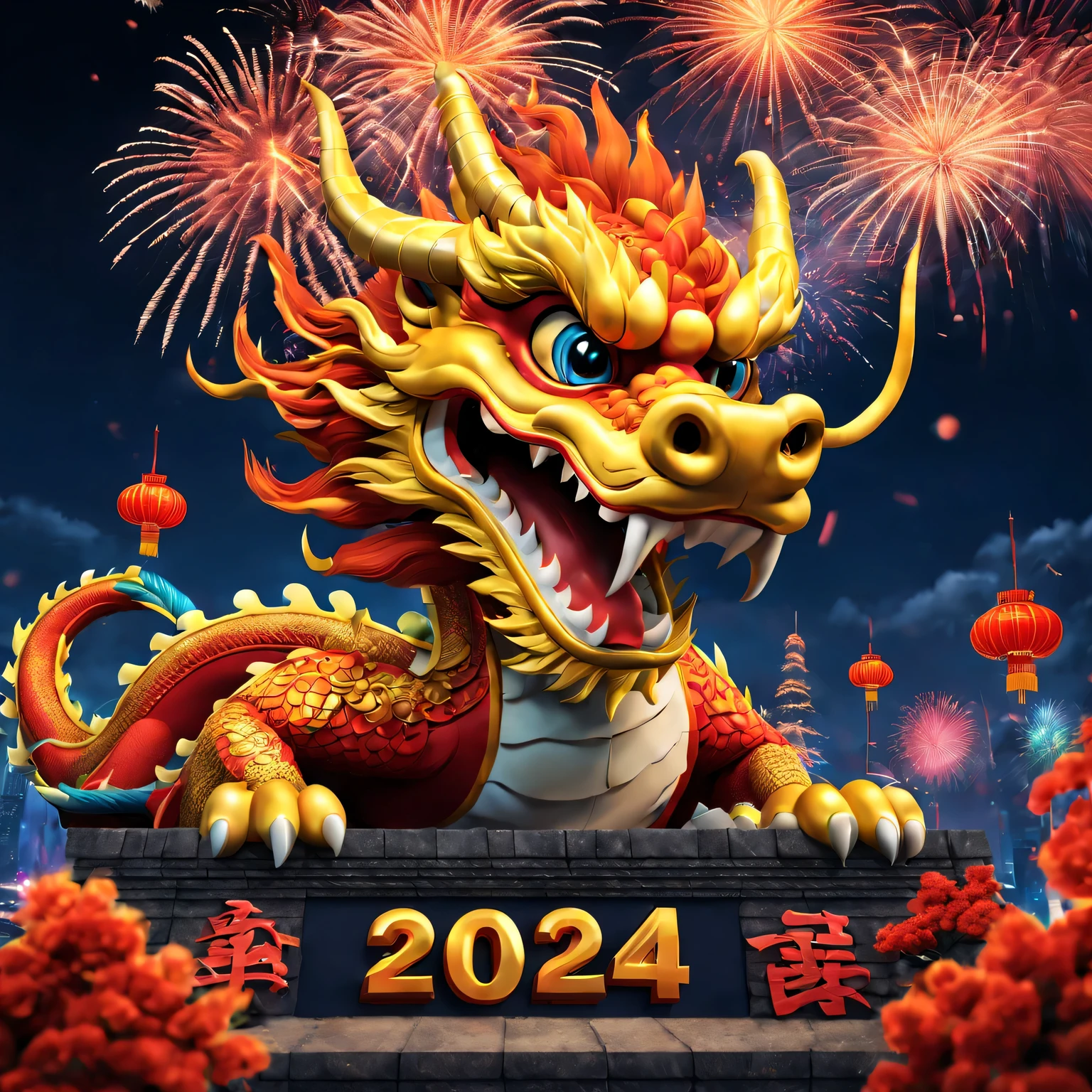 Holiday poster: (2024) new year, com mascot: Cartoon Chinese dragon,Background with: A grand fireworks display lights up the sky,(Best quality at best,4K,A high resolution,tmasterpiece:1.2),ultra - detailed,(actual,photoactual,photo-actual:1.37)