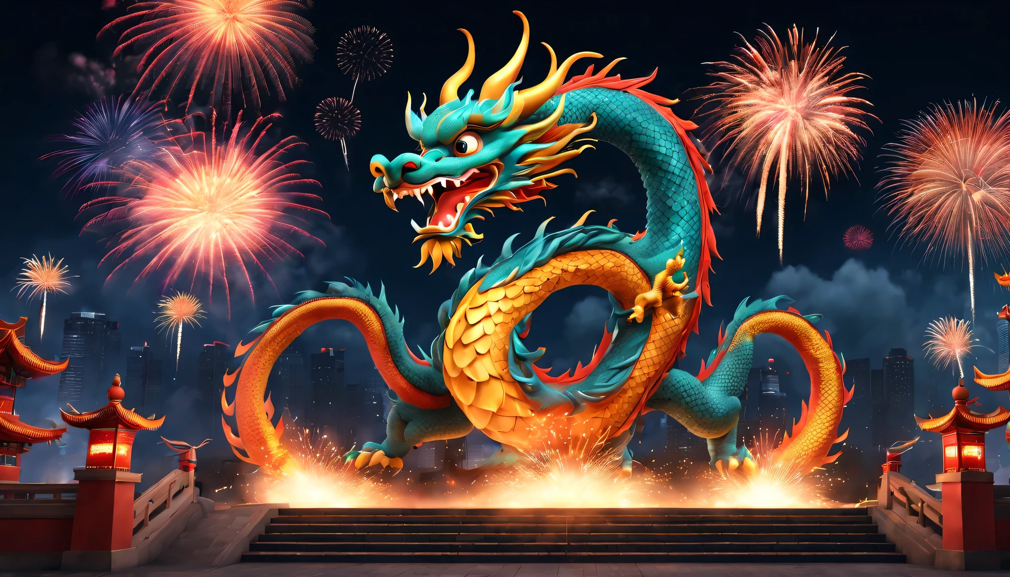 (2024) new year, com mascot: Cartoon Chinese dragon,Background with: A grand fireworks display lights up the sky,(Best quality at best,4K,A high resolution,tmasterpiece:1.2),ultra - detailed,(actual,photoactual,photo-actual:1.37)