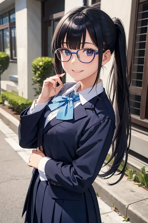 A Beautiful Girl, walk to school, blue catholic school uniform, long hair in a ponytail,, bangs, eyeglasses, bright smile, anime