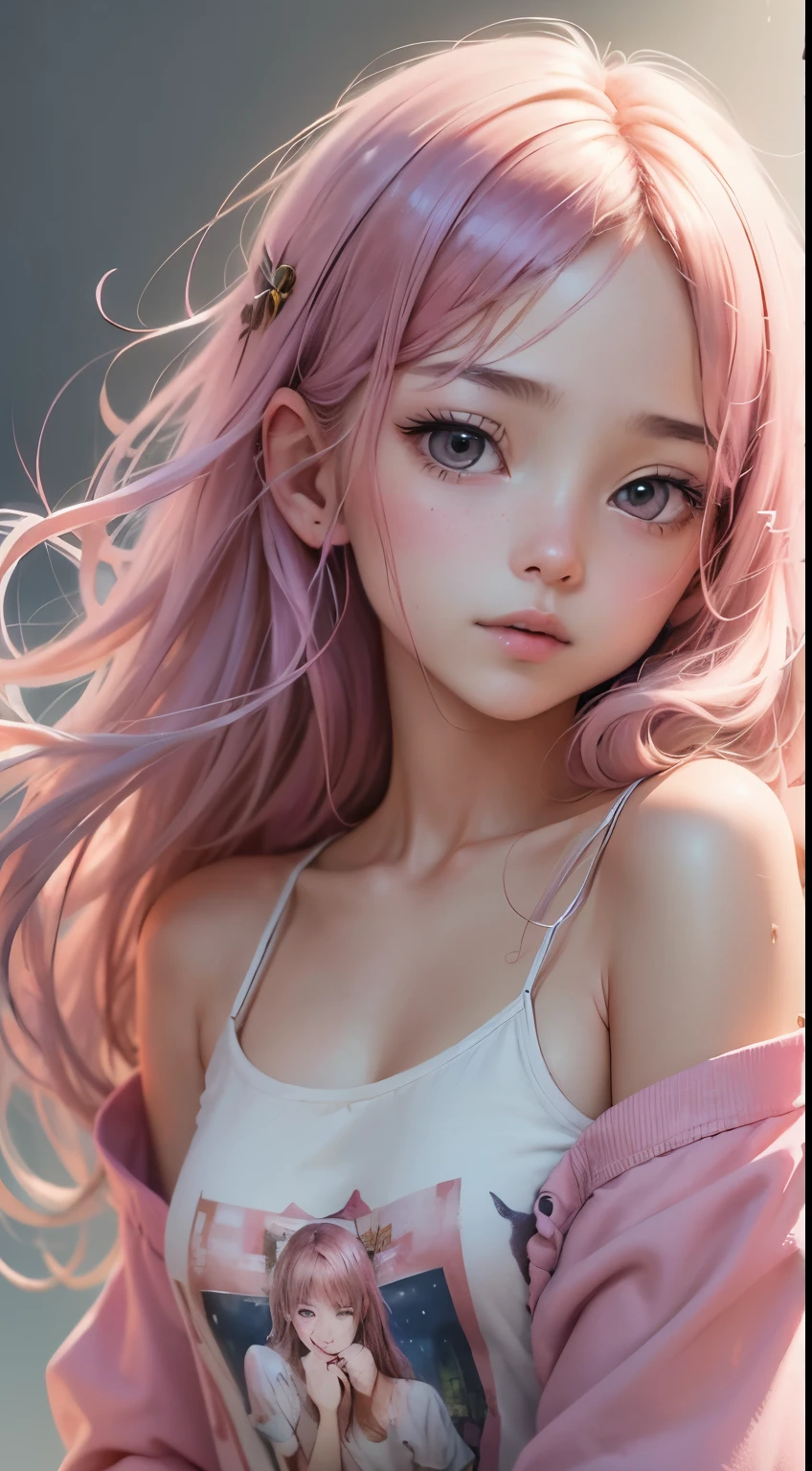 (masutepiece),(Best Quality:1.1),(Ultra-detailed),Best Illustration,finely detail,(Portrait:1.1),(watercolor paiting)floating,1girl in,Solo,13 years old,slim,(extremely delicate and beautiful face),(Detailed beautiful eyes),pink thick lips,(disheveled hair),(Wearing a pink baggy T-shirt),Soft and lazy,(Simple background:1.2)Whole color background,Clear,4K,barechested