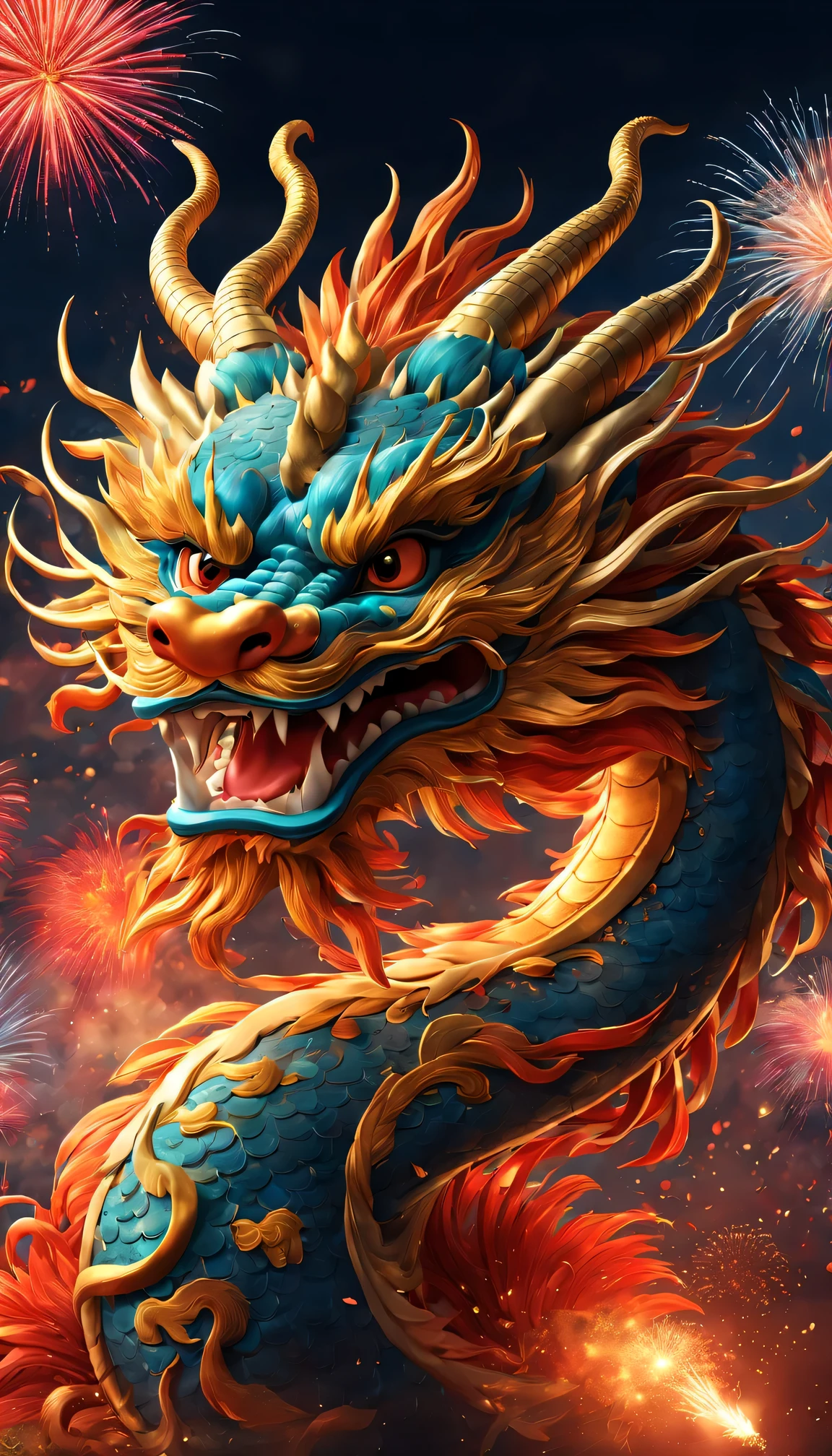 Holiday poster: (2024) new year, com mascot: Cartoon Chinese dragon,Background with: A grand fireworks display lights up the sky,(Best quality at best,4K,A high resolution,tmasterpiece:1.2),ultra - detailed,(actual,photoactual,photo-actual:1.37)