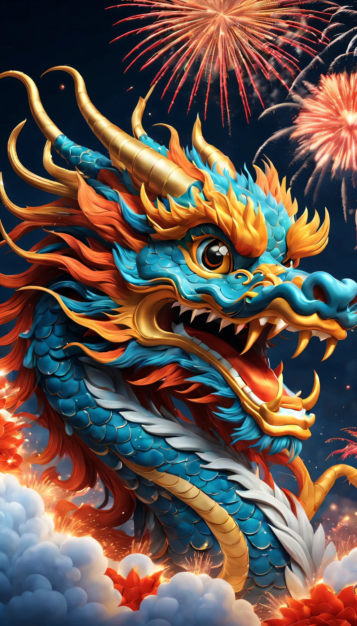 Holiday poster: (2024) new year, com mascot: Cartoon Chinese dragon,Background with: A grand fireworks display lights up the sky,(Best quality at best,4K,A high resolution,tmasterpiece:1.2),ultra - detailed,(actual,photoactual,photo-actual:1.37)