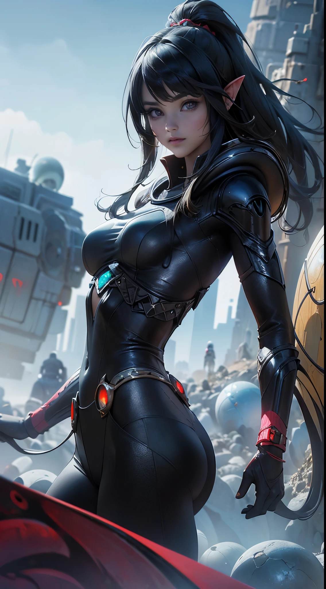 (La mejor calidad,A high resolution,Ultra - detallado,actual) ,primer plano Ariana Grande con pantalon de cuero rojo, top amarillo, cabello largo white canoso,  (alien invasion background extraterrestrial ships:1.4), (hermosos ojos azules) , (fondo piedras grandes negro:1.4) , (pose vaquero ), (realistic) ,Arte detallado de alta calidad 8K, Fanart Mejor ArtStation, Fantasy art style , (ciborg white:1.4), (ciudad apocalyptic colors ciberpunk:1.4)