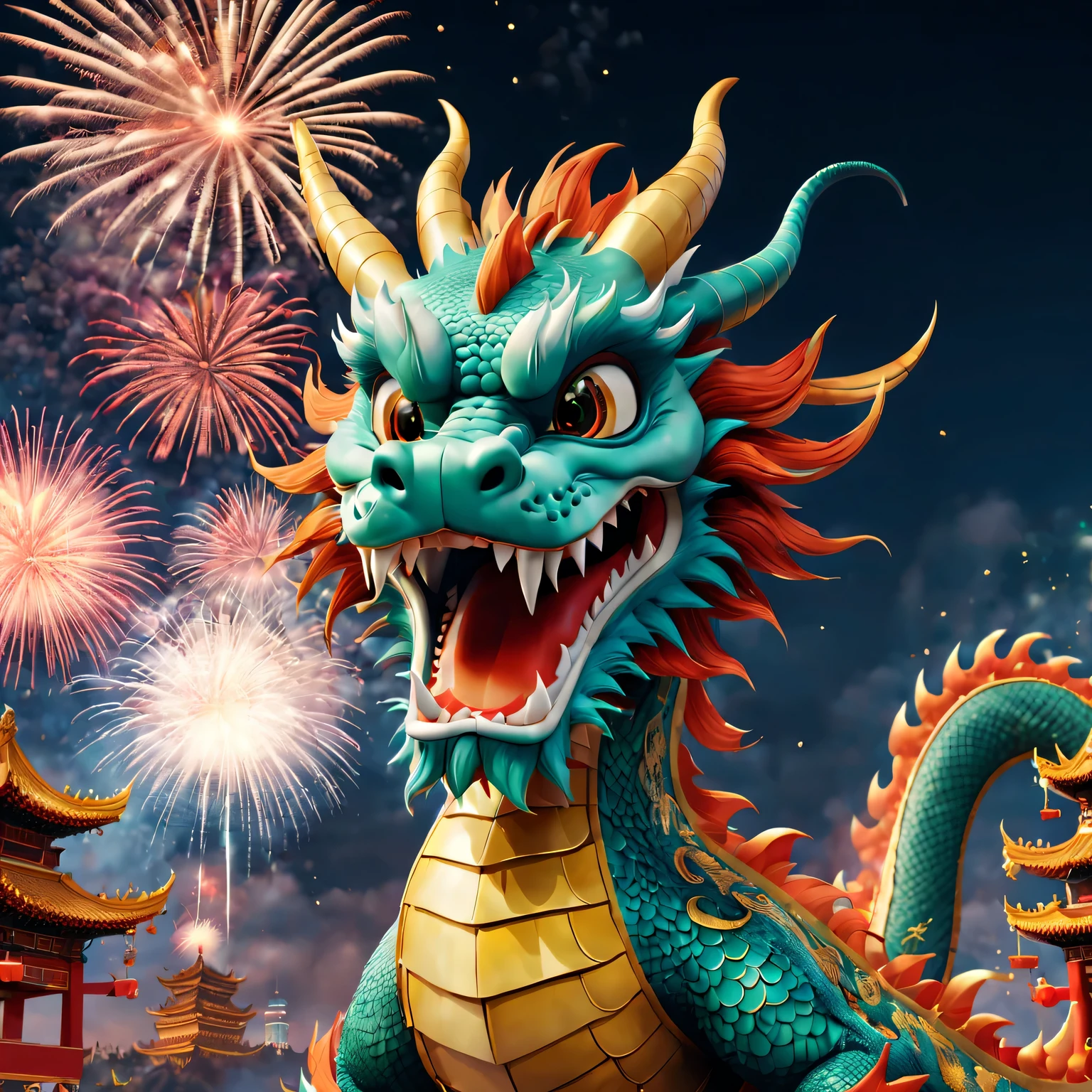 Holiday poster: (2024) new year, com mascot: chinesedragon,Background with: A grand fireworks display lights up the sky,(Best quality,4K,A high resolution,tmasterpiece:1.2),ultra - detailed,(actual,photoactual,photo-actual:1.37)
