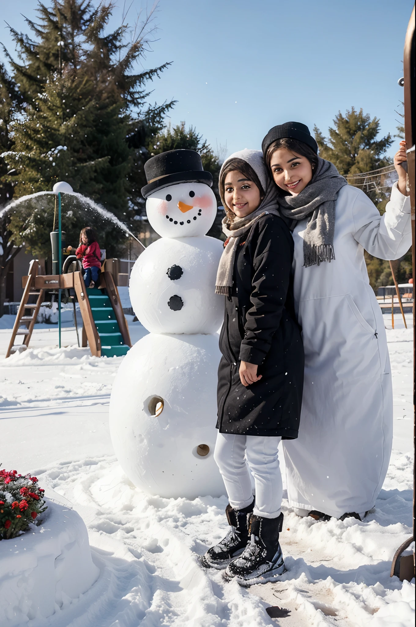 Iranian girls in Playground, winter, snowmaking, snowman, happy. Talking,