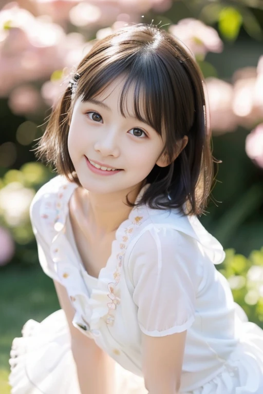 (((masterpiece))), (((Full body photo))), (One beautiful Japan girl, Innocence,kawaii) ,超A high resolution, Realistic, ultra-detailliert, 8K,top-quality, Extremely detailed,,A slender,very beautiful japanese girl, (Detailed face:1.3), (Bery short hair,kawaii花の髪飾り,A dark-haired :1.4), (a baby face,kawaii系,adorable 10 year old girl), (Perfect body:1.1), (white frills,Light blue dress,White fluffy skirt,Thin cardigan), innocent smiles,Please show me your beautiful teeth,sexy pose,rosy cheeks,Super Detailed Face、Detailed lips、A detailed eye、small junior gravure idol,Transparent skin、Lori,Photorealistic:1.37,no-makeup,In the soft spring sunshine、Surrounded by colorful flowers,In the park