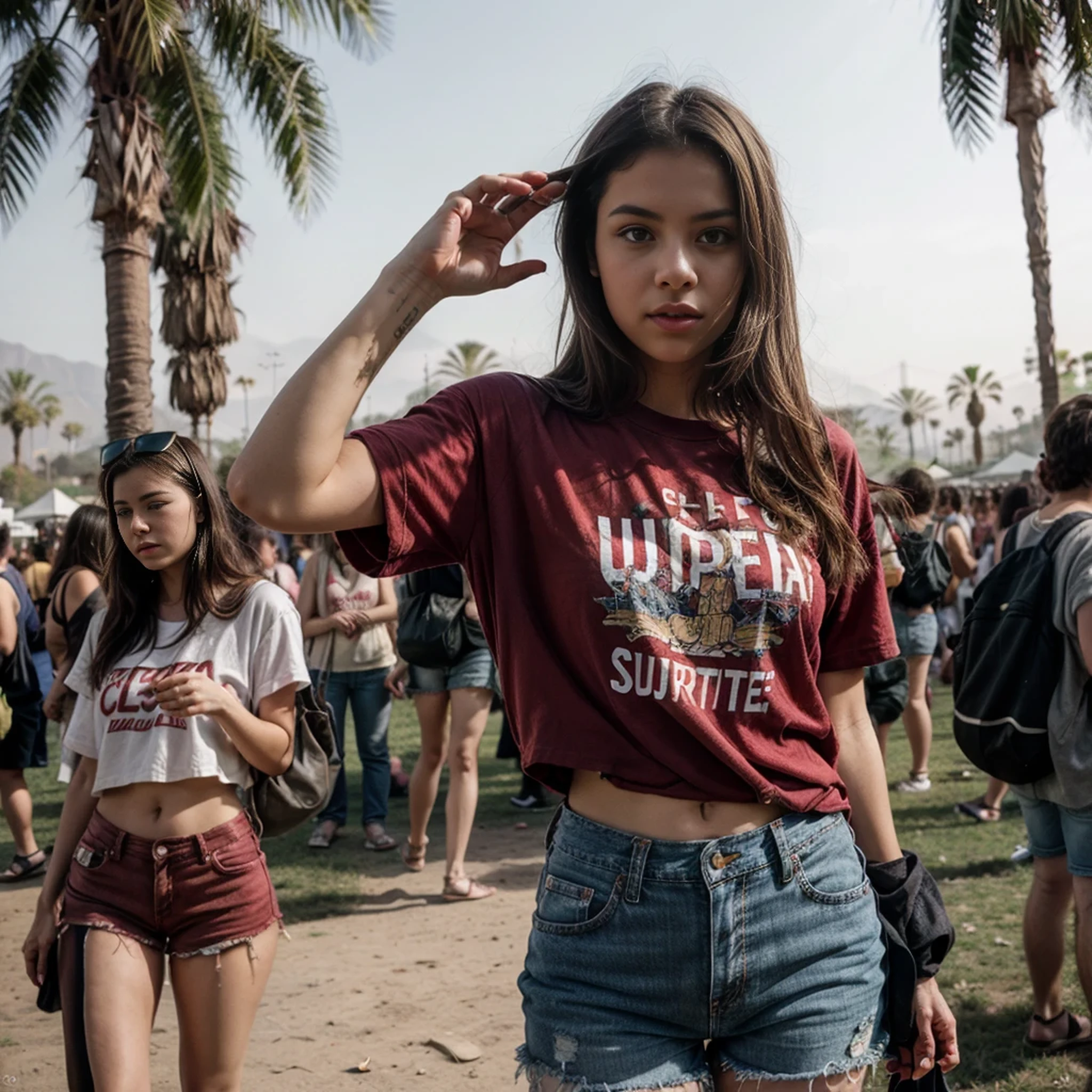 sucide girl, wearing a red tshirt without grapichs and jeans shorts, coachella, not much people, dusk, contact , automatic film strip,kodak gold 800 analog film, ultra wide angle, faded, blurry, pixelated, damaged, high iso, motion blur,