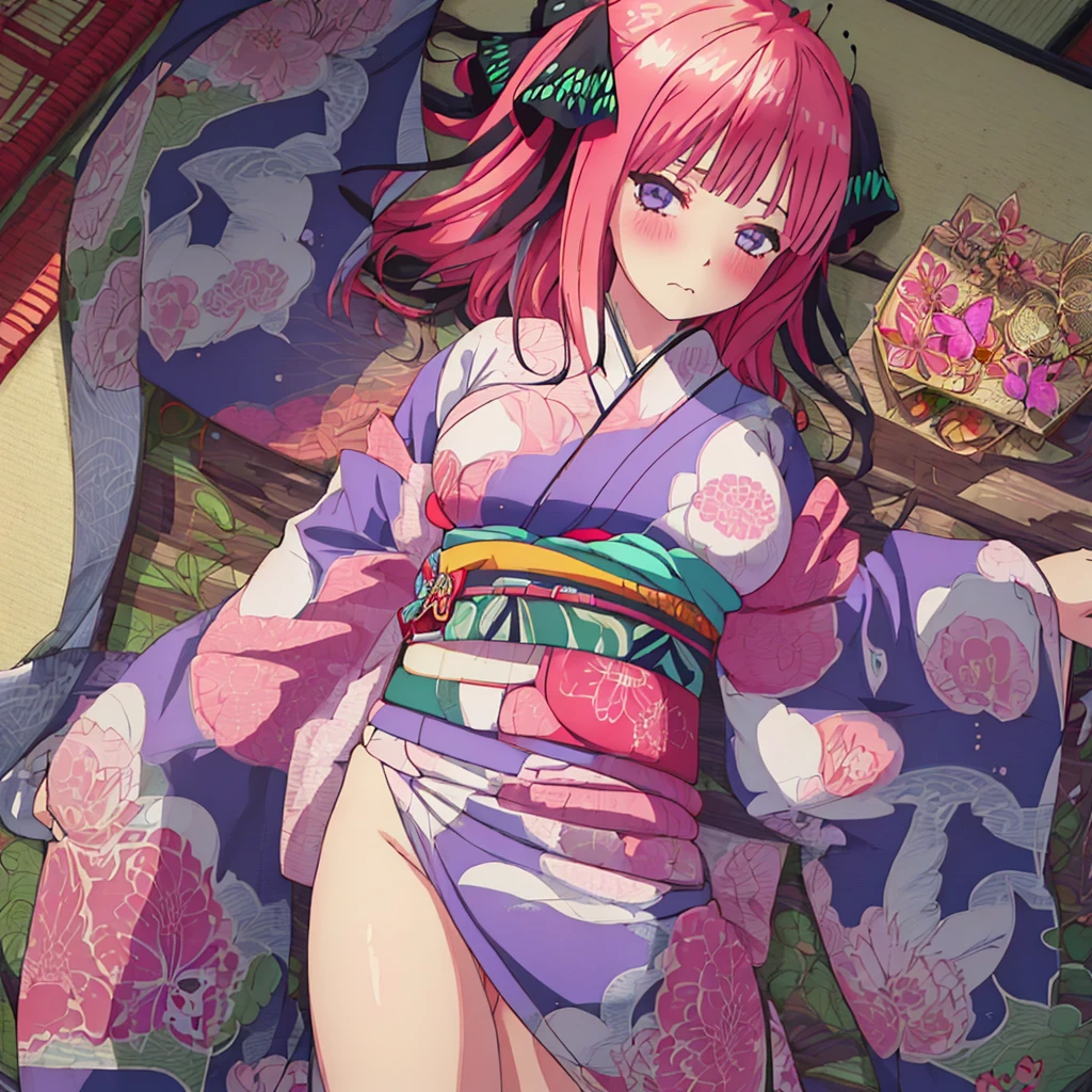 {Best Quality}, {very aesthetic}, {Ultra-detailed}, {Best Illustration}, one girls, japanese kimono, Kimono with butterfly pattern, nsfw, tits out, {nude}, Lots of love juice, Pussy, Spread legs, Pink hair, sex