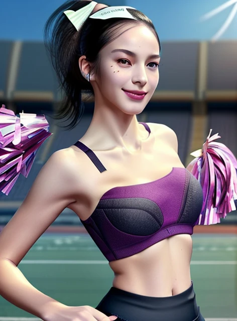 Highly detailed 8K CG unity wallpaper, masterpiece, top quality, authentic, (raw photography, depth of field:1.1), (photorealistic, professional photo:1.3), natural light, character focus, dynamic angle, (correct anatomy, from front view:1.5), pov, 1 girl, teen, 17 years old, solo, cowboy shot, looking at viewer, (intricately detailed face, realistic skin texture:1.4), lovely girl, black hair, (ponytail:1.3), fairly detailed skin, realistic eyes, detailed nose and lips, ((light smile:1.2)), ((cheerleader:1.5)), ((sports bra, strapless bra:1.5)), stomach cutout, naval, ((mini skirt:1.4)), (slender, medium breast:1.5), (((dancing:1.3))), (((outdoor, stadium:1.3)))