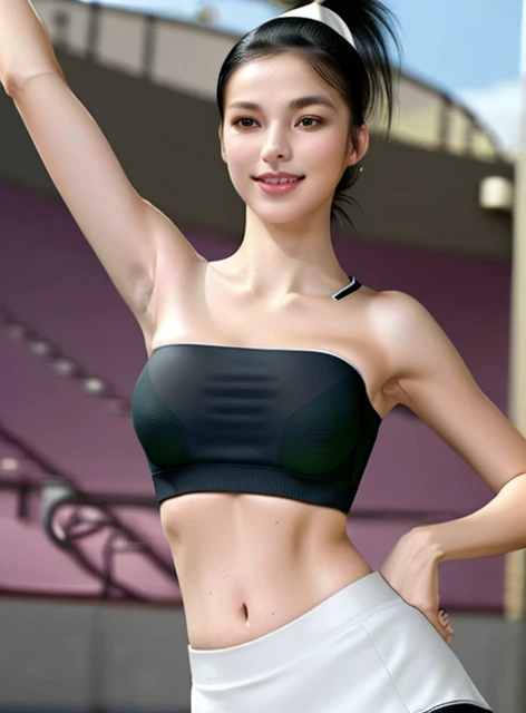 Highly detailed 8K CG unity wallpaper, masterpiece, top quality, authentic, (raw photography, depth of field:1.1), (photorealistic, professional photo:1.3), natural light, character focus, dynamic angle, (correct , from front view:1.5), pov, 1 girl, teen, 17 years old, solo, cowboy shot, looking at viewer, (intricately detailed face, realistic skin texture:1.4), lovely girl, black hair, (ponytail:1.3), fairly detailed skin, realistic eyes, detailed nose and lips, ((light smile:1.2)), ((cheerleader:1.5)), ((sports bra, strapless bra:1.5)), stomach cutout, naval, ((mini skirt:1.4)), (slender, medium breast:1.5), (((dancing:1.3))), (((outdoor, stadium:1.3)))