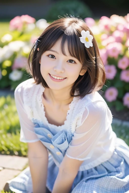 (((​masterpiece))), (((Full body photo)))， (One beautiful Japan girl, Innocence，Cute 10 year old girl) ，超A high resolution, Realistic, ultra-detailliert, 8K,top-quality, Extremely detailed,,A slender,very beautiful japanese girl, (Detailed face:1.3), (Bery short hair，Cute flower hair ornament，A dark-haired :1.4), (a baby face，Cute), (Perfect body:1.1), (white frills，Light blue dress，White fluffy skirt，Thin cardigan), innocent smiles，Please show me your beautiful teeth，sexy  pose，Sitting on the lawn，rosy cheeks，Super Detailed Face、Detailed lips、A detailed eye、small junior gravure idol，Transparent skin、Lori，Photorealistic:1.37，no-makeup，In the soft spring sunshine、Surrounded by colorful flowers，In the park