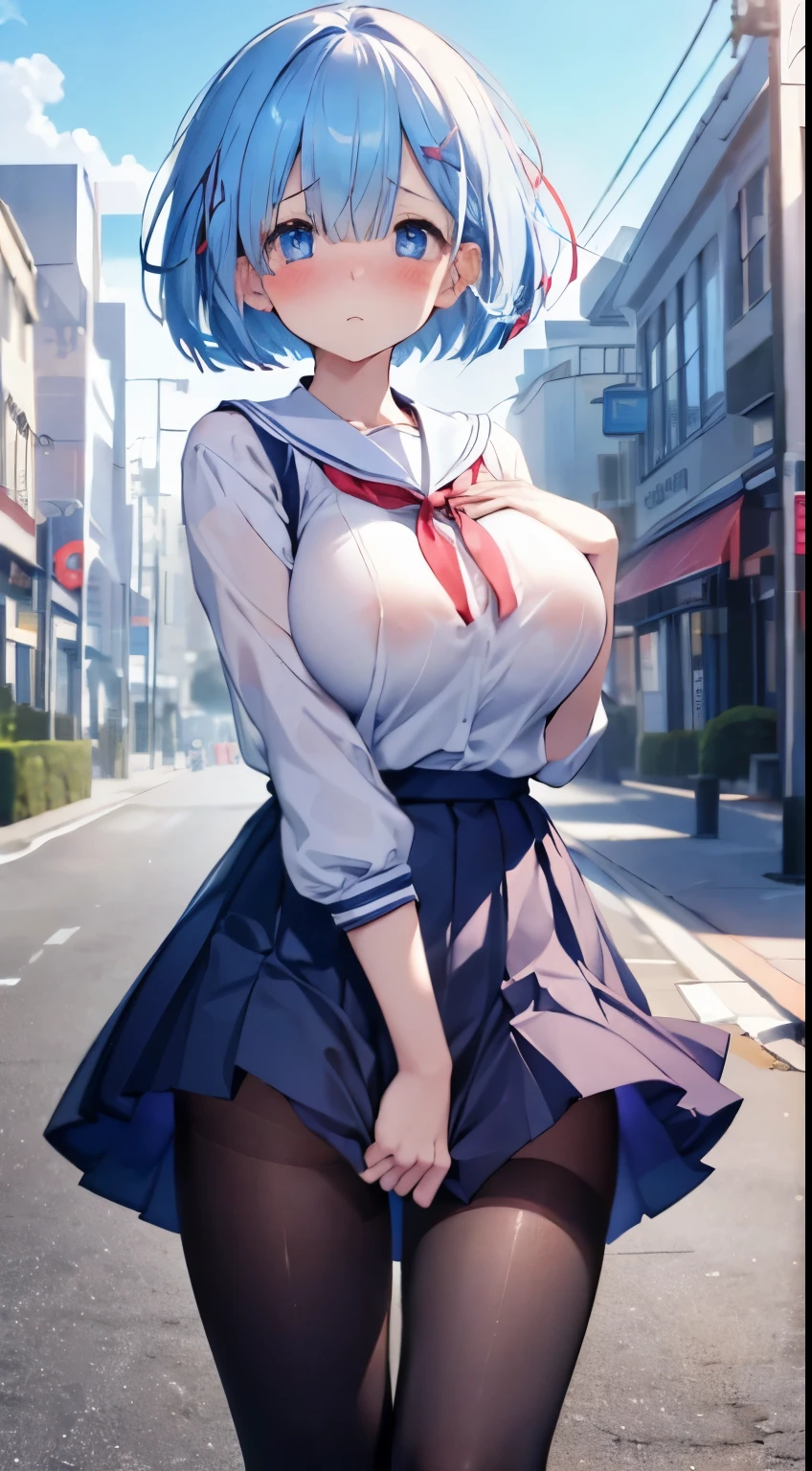 1womanl,Blue hair,Red ribbons ,((Surprised look)),Beautiful breasts,very Bigger breasts、Blue eyes、huge tit、a sailor suit,blue pleated skirt very short pleated skirt,well-styled,Slender thighs,beautiful legs、(Facing the front)(((Blushing cheeks、embarassed expression)),(((The skirt is rolled up by the wind)))、Long bob cut、Rem of Rezero、No panties、No panties、No bra、Black pantyhose