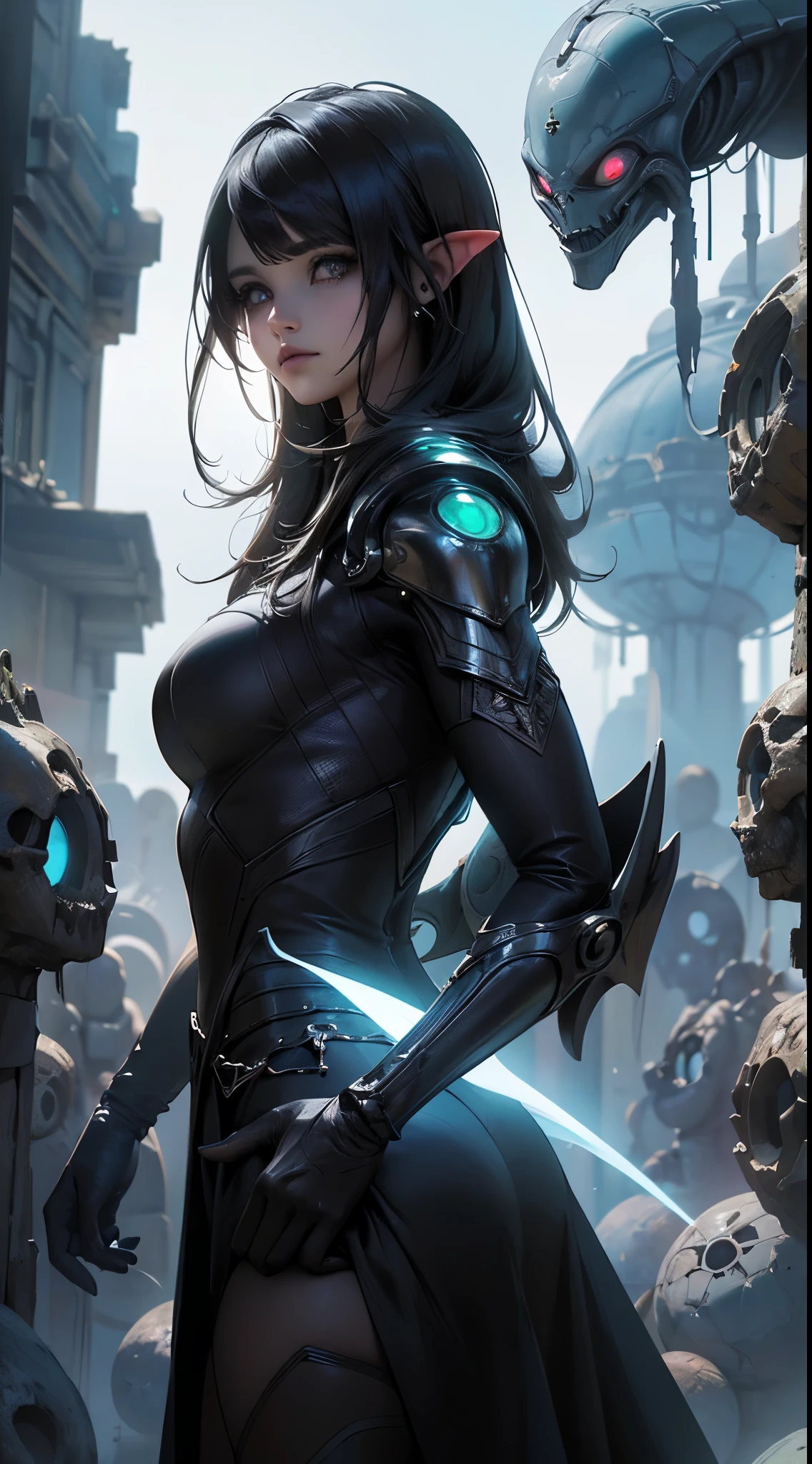 A woman dressed in black with a sword and a large body., beautiful cyborg angel girl, angel knight girl, Wojtek FUS, battle angel, angel with plastic armor, alena aenami and artgerm, battle angel alita, Artgerm Julie Bell Beeple, Chica Valquiria mechanized, alita battle angel, the best of art station