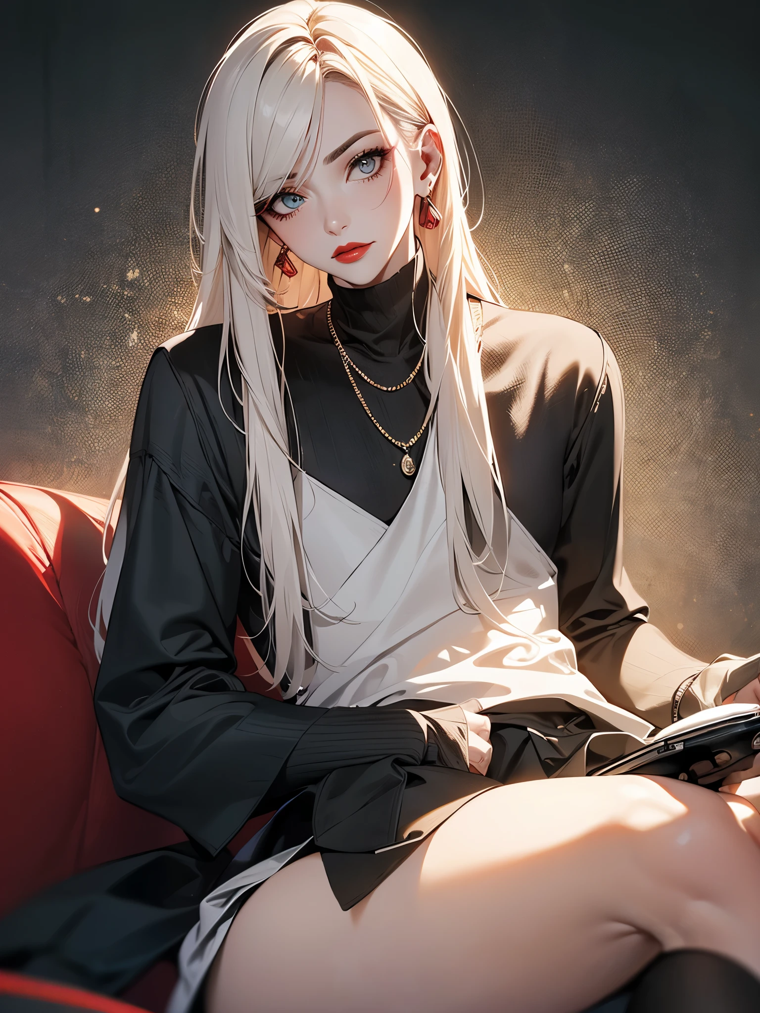 1 Homem, sitting on couch, holding the mobile phone, cabelos pretos, olhos negros, red lips, Terno Preto, DOUBTS, Emaranhados, Obras, a melhor qualidade
