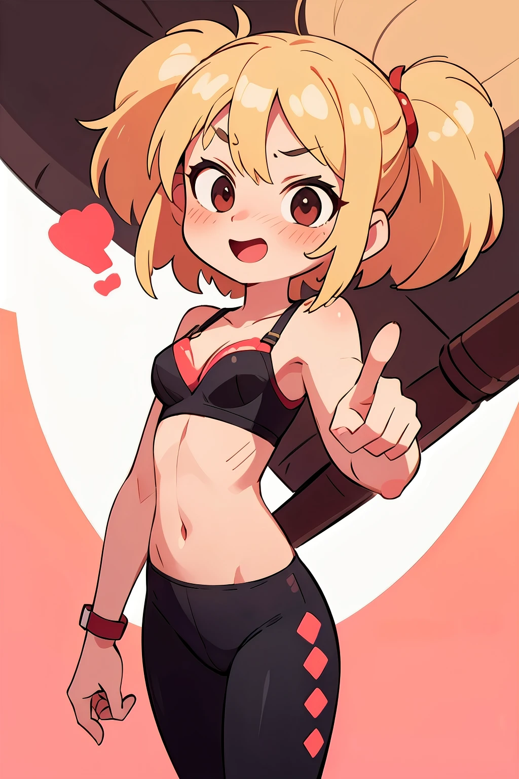 masterpiece, 4k, detailed, extreme detailed, hd, cowboy shot, blonde hair, medium blonde hair, short, medium breasts, cleavage, loli, young, legs exposed, thin waist, small frame, red, blushing, heavy blushing, pants, leggings, bra, black bra, red dotted bra, teenager, smile, scolding, 1 hand pointing finger, yelling, 1 hand pointing at viewer, one hand clenched, sexy