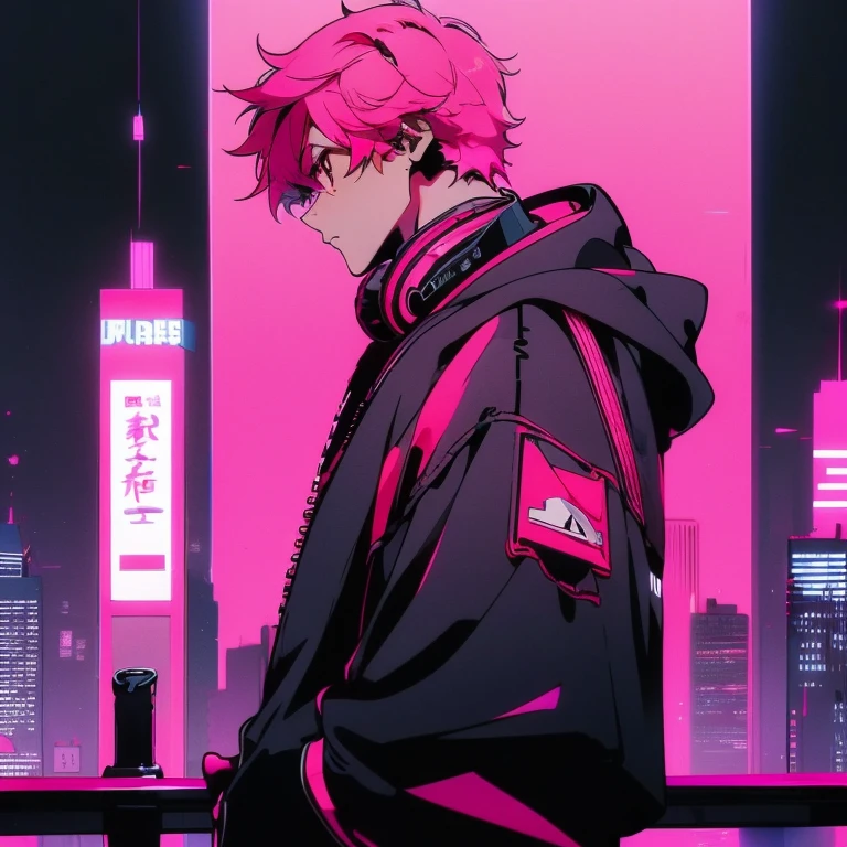 (short-cut), (Two-block hair), (vivid pink hair), (male character), (Red Eyes), (Cool pose), (of the highest quality), (​masterpiece), (ultra-detailliert), (Oversized hoodies), (Street), (neons), (Modern City), (neonsデイライト), (Cinematic), (Stylish), (hight resolution), (Hyper Detailed), (Looking at the camera), (Anime-style), (Softtown), (nightcore), (a handsome man), (Listening to music through headphones), (natural appearance of the building), (casual), (ig studios anime style), (Standing Pose), (Camera from low angle)