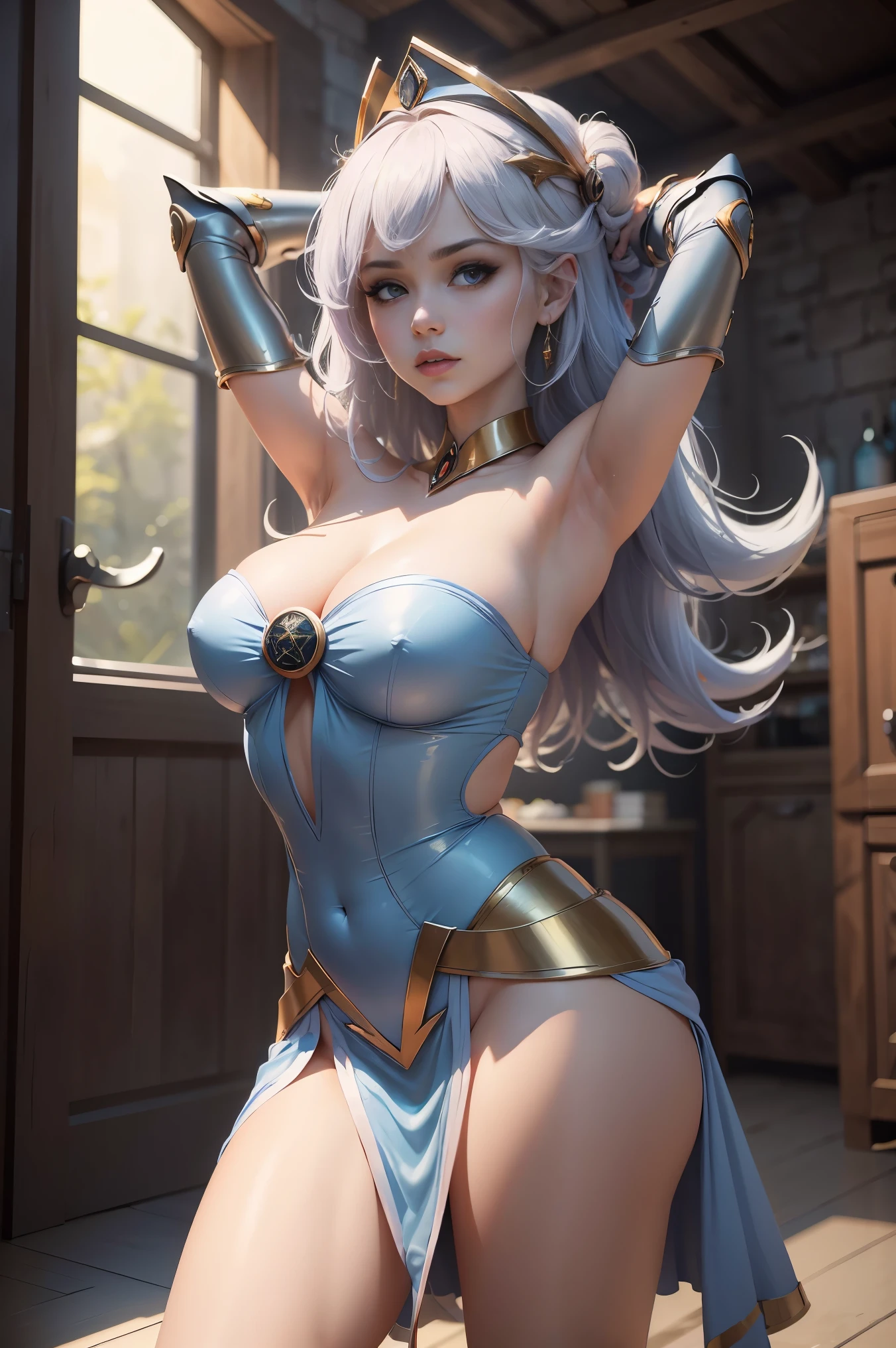 solamente, Super fine photo, Unreal Engine 5 8K UHD digital art portrait of a girl, Arte conceptual, character concept design, wearing a tight, shiny white dress with metallic details, corona de oro, ojos azules, fantasy princess, guante metalico, cabello largo y rubio, La mejor calidad, Obra maestra, Super detailed, foco nítido, pose Sujestiva y sexy y inocente y