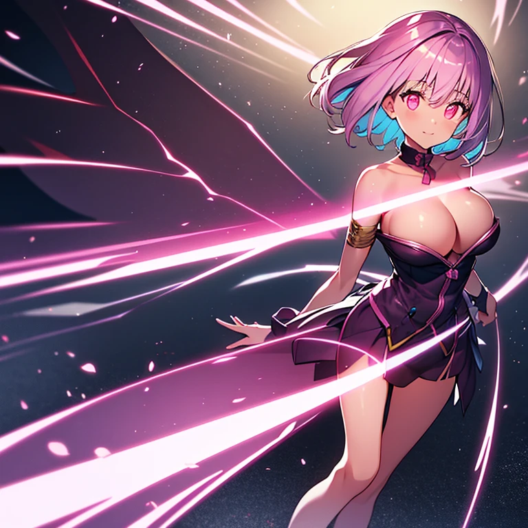 animestyle, (glowing:1.7), akane shinjou, 1girl, solo, young woman, yo, short hair, crimson eyes, large_breasts, completely_nude, transparent pink see-through light bands wrapped around body, skindetation:1.3,