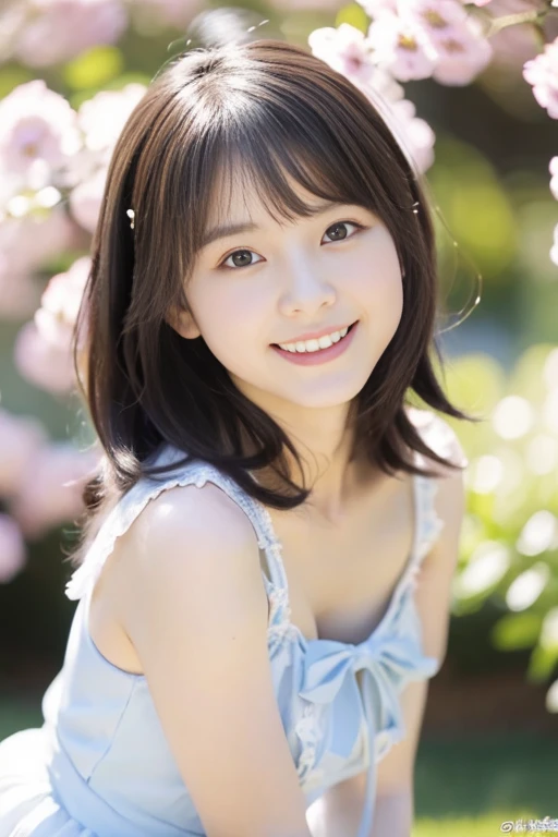 (((​masterpiece))), (((Full body photo)))， (One beautiful Japan girl, Innocence，Cute 18 year old college girl) ，超A high resolution, Realistic, ultra-detailliert, 8K,top-quality, Extremely detailed,,A slender,very beautiful japanese girl, (Detailed face:1.3), (Bery short hair，Cute flower hair ornament，A dark-haired :1.4), (a baby face，Cute), (Perfect body:1.1), (white frills，Light blue dress，White fluffy skirt), innocent smiles，Show your beautiful teeth，sexy  pose，rosy cheeks，Super Detailed Face、Detailed lips、A detailed eye、small junior gravure idol，Transparent skin、Lori，Photorealistic:1.37，no-makeup，In the soft spring sunshine、Surrounded by colorful flowers，In the park