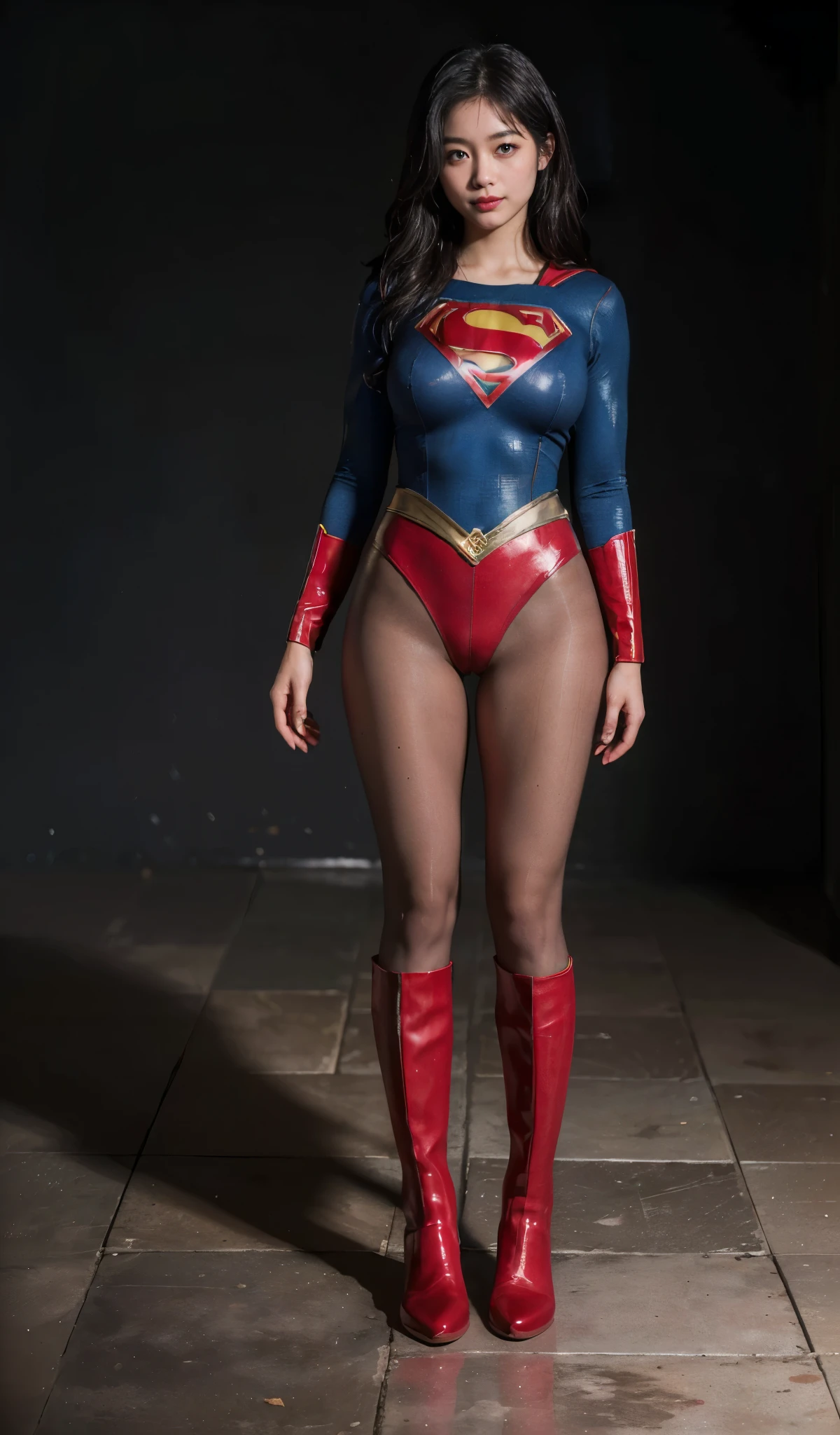 No background、Are sleeping、lying back on、(((Wear black tights on your beautiful legs.)))、(((Grow legs、tall、Legally express the beauty of your smile)))、((((Make the most of the original image)))、(((Supergirl Costume)))、(((beautiful hairl)))、(((Suffering)))、(((Feet must necessarily be worn with black tights)))、(((You need to wear red boots)))、((Top image quality、8K))、((top-quality、8K、​masterpiece:1.3))、(((Keep Background )))、Crisp focus:1.2、Beautiful woman with perfect body shape:1.4、Slender Abs:1.2、a wet body:1.5、Highly detailed facial and skin texture、8K