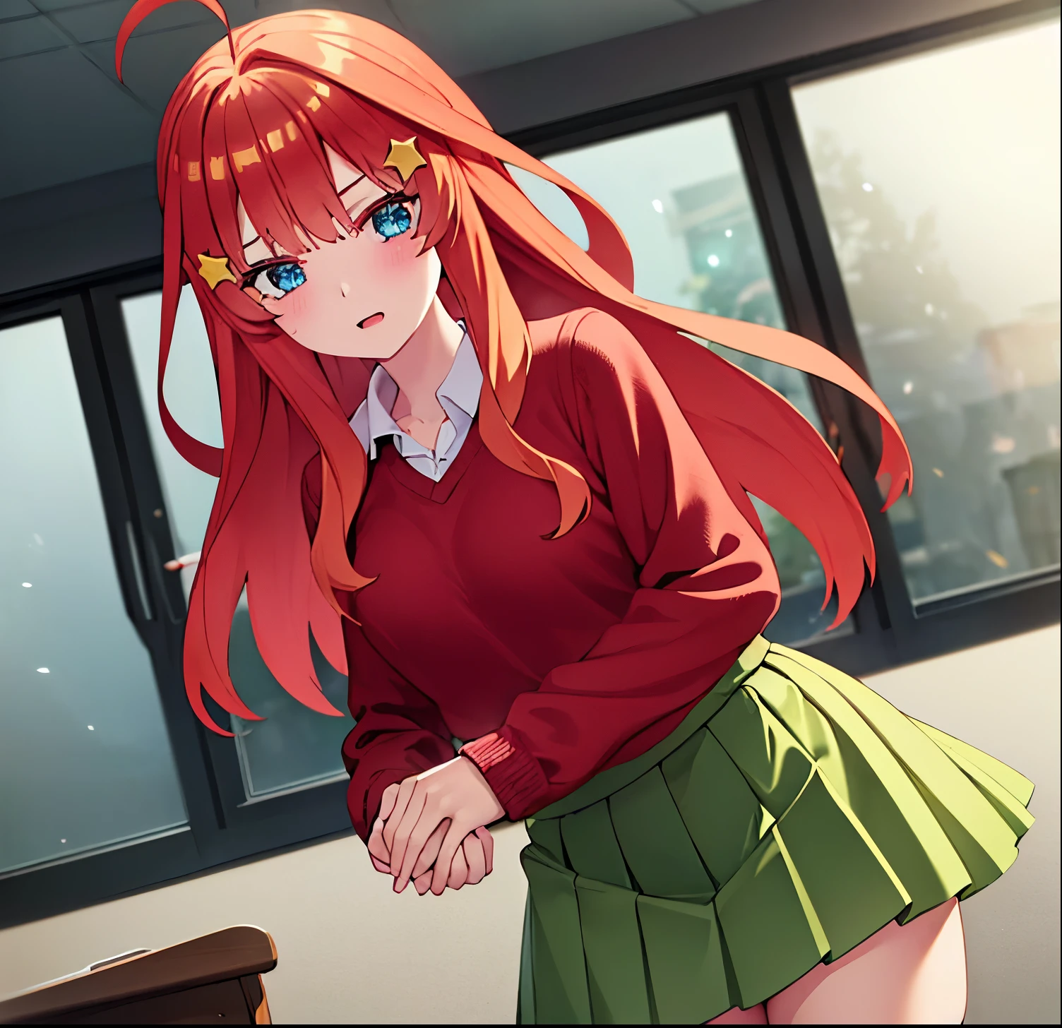 1girl,alone ,
itsuki nakano, bangs, blue eyes, hair between eyes, ahoge, red hair, star \(symbol\), hair ornament, star hair ornament,
BREAK skirt, shirt, school uniform, collarbone, white shirt, short sleeves, pleated skirt, socks, collared shirt, miniskirt, kneehighs, white socks, (green skirt:1.5), sweater vest, (red sweater:1.5),
BREAK indoors, classroom,
BREAK looking at viewer, (cowboy shot:1.5),
BREAK (masterpiece:1.2), best quality, high resolution, unity 8k wallpaper, (illustration:0.8), (beautiful detailed eyes:1.6), extremely detailed face, perfect lighting, extremely detailed CG, (perfect hands, perfect anatomy),