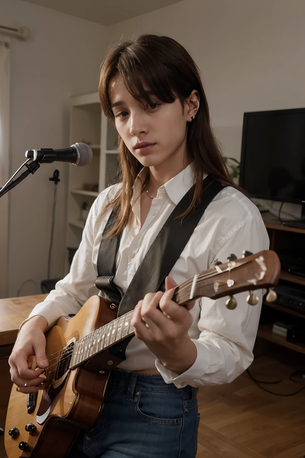 jungkook com cabelo mullet tocando guitarra