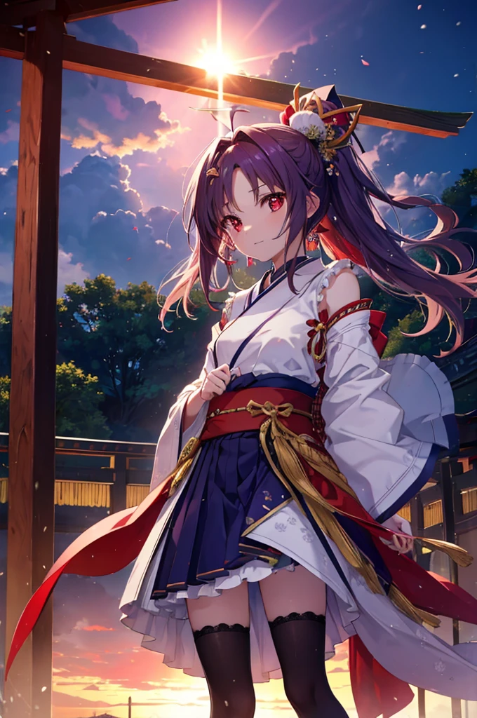 Yuki Konno, Yuki Konno, shairband, Long hair, pointy ear, Purple hair, (Red Eyes:1.5), (Small breasts:1.2), Ahoge,Purple kimono,White mini skirt,knee high socks,Short boots,Happy atmosphere,closes mouth,I'm smiling,In front of the torii gate,shrines,Sunrise,The sun begins to rise,Upper body, Full body,
BREAK outdoors,
BREAK (masutepiece:1.2), Best Quality, High resolution, Unity 8k壁纸, (Illustration:0.8), (Beautiful detailed eyes:1.6), extra detailed face, Perfect Lighting, extremely details CG, (Perfect hands, Perfect Anatomy),