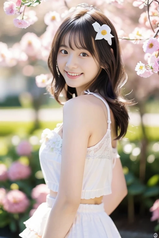A 20-year-old woman who looks 15 but has the cute face of an idol.。Gentle and cute。Please smile kindly。((No bra and a sheer white silk camisole))、breasts are slightly larger、(((He is short and 1mAbout 50cm)))、(((Home garden))、(Cinema lighting)、(Full body portrait)、((Quality indistinguishable from real life))、masterpiece、I'. RAW Photos Genuine realism Genuine Genuine life