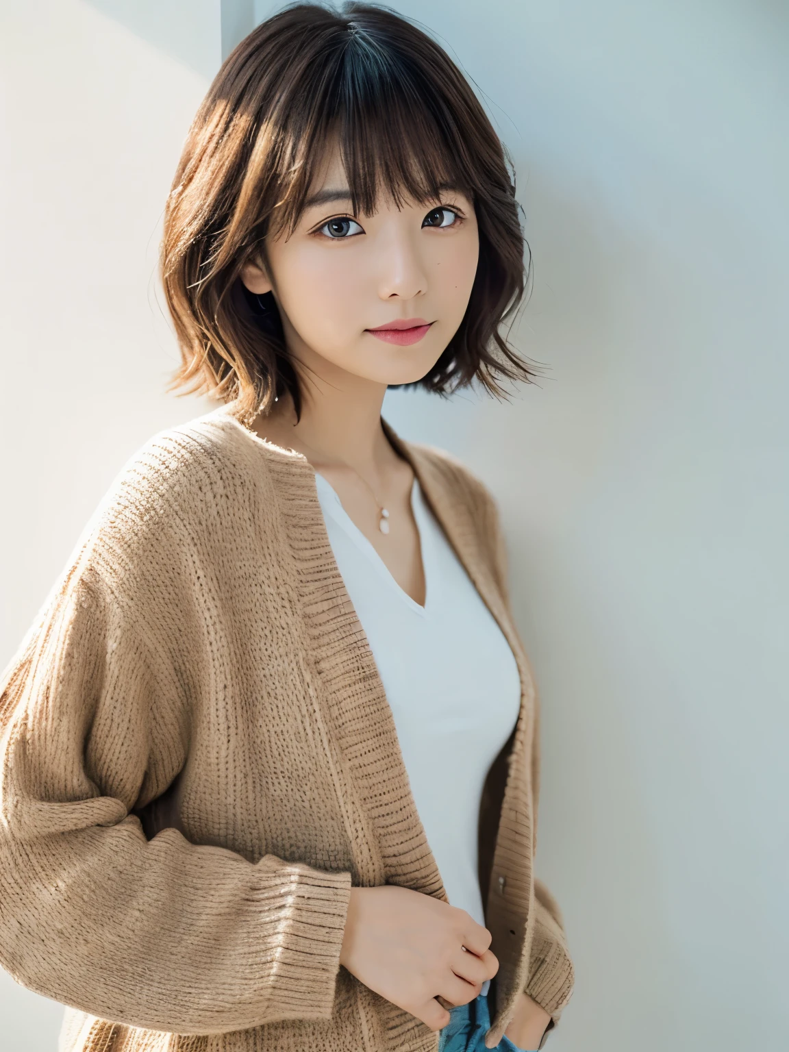 ((masutepiece,top-quality)), (photographrealistic:1.4),((masutepiece,8K)),hight resolution,Studio Soft Light, Rim Lights, vibrant detail, realistic skin textures,Japanese, 1 beautiful woman, Short hair, Wave hair, faint thin bangs, make - up, 38 years, Detailed skin, cardigan, wide-leg pants, White background, White Room,white walls, fully body photo, Looking at Viewer
