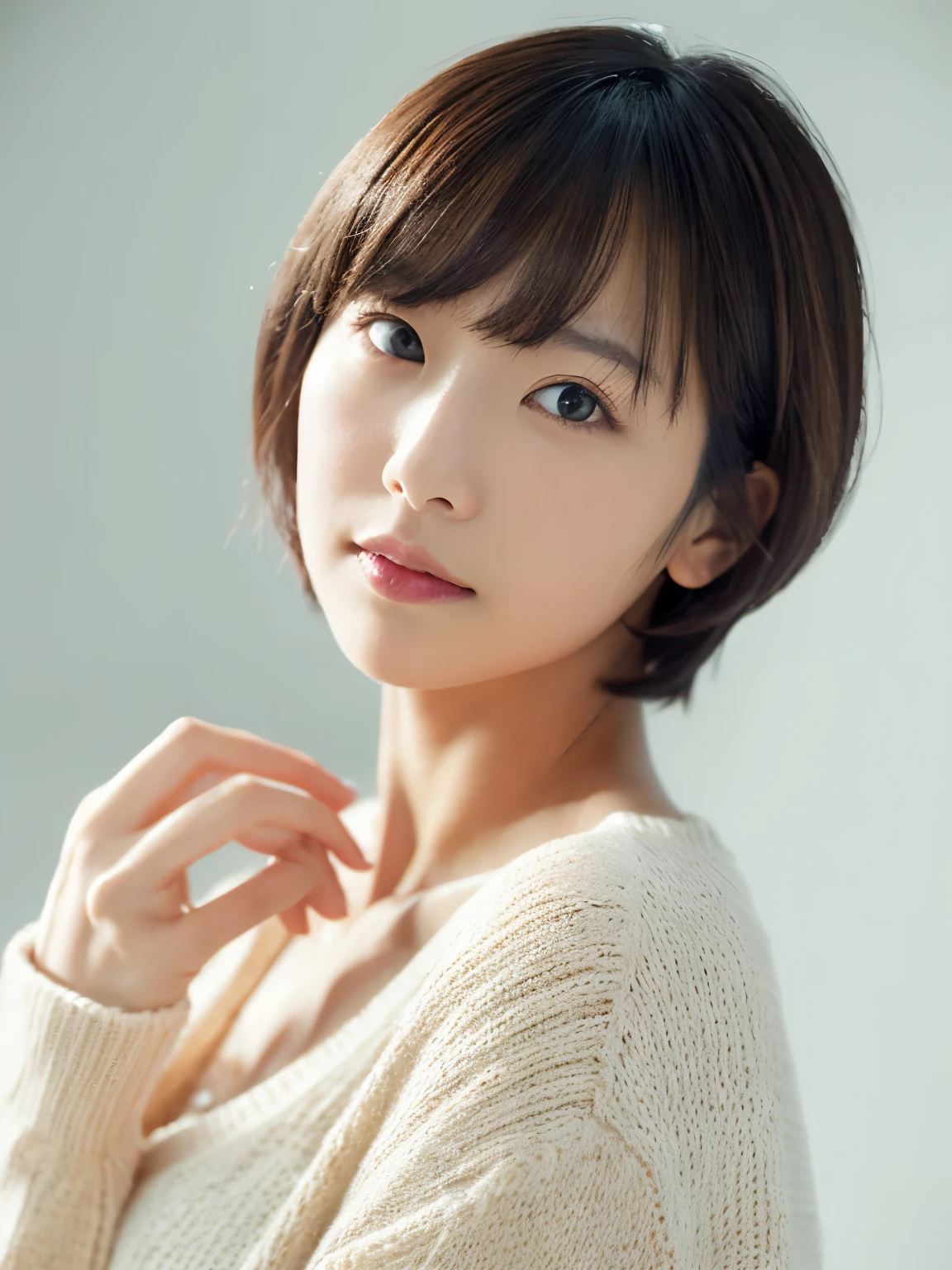 ((masutepiece,top-quality)), (photographrealistic:1.4),((masutepiece,8K)),hight resolution,Studio Soft Light, Rim Lights, vibrant detail, realistic skin textures,Japanese, 1 beautiful woman, Short hair, Wave hair, faint thin bangs, make - up, 38 years, Detailed skin, cardigan, wide-leg pants, White background, White Room,white walls, fully body photo, Looking at Viewer