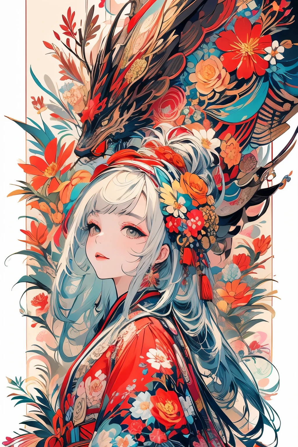 (​masterpiece、top-quality、top-quality、Official art、Beautifully Aesthetic:1.4)、Painterly、sketch、Texture、超A high resolution、独奏、Beautuful Women、A highly detailed、(Fractal Art:1.1)、(colourfull:1.1)(florals:1.6)、The most detailed、(Zentangle:1.2)、(Dynamic Poses)、(Abstract background:1.3)、(shinny skin)、(Many colors:0.8)、(耳环:1.4)、(pluma:0.9)、Taisho romance