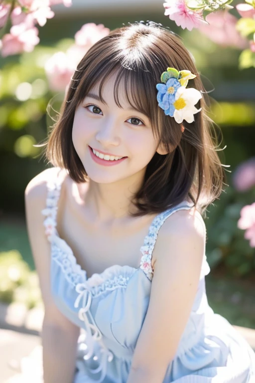(((masterpiece))), (((Standing,Full body photo))), (One beautiful Japan girl, Innocence,Cute 18 year old college girl) ,超A high resolution, Realistic, ultra-detailliert, 8K,top-quality, Extremely detailed,,A slender,very beautiful japanese girl, (Detailed face:1.3), (Bery short hair,Cute flower hair ornament,A dark-haired :1.4), (a baby face,Cute), (Perfect body:1.1), (white frills,Light blue dress,White fluffy skirt), innocent smiles,Show your beautiful teeth,sexy pose,rosy cheeks,Super Detailed Face、Detailed lips、A detailed eye、small junior gravure idol,Transparent skin、Lori,Photorealistic:1.37,no-makeup,In the soft spring sunshine、Surrounded by colorful flowers,In the park,Looking up from the ground