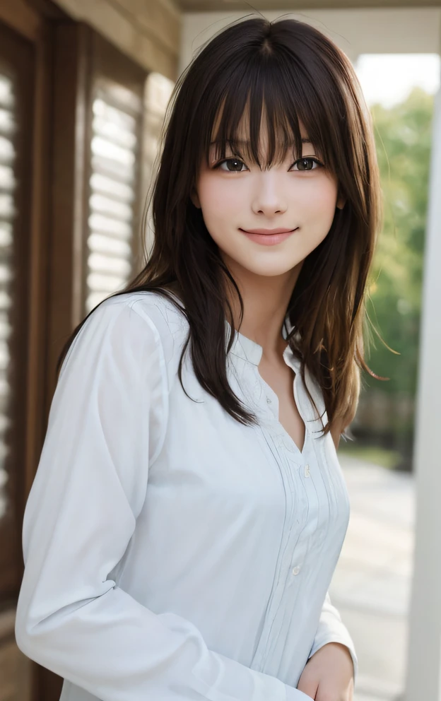 ((Best Quality, 8K, Masterpiece: 1.3)), Sharp Focus: 1.2, A Beautiful Woman with Perfect Figure: 1.4, Slim Abs: 1.2, (Layered Hairstyle,: 1.2)), (Wet White Button Long Shirt: 1.3), Rain: 1.3, Street: 1.2, Wet Body: 1.1, Highly Detailed Face and Skin Texture, Detailed Eyes, Double Eyelids, Big Breasts, Smile,