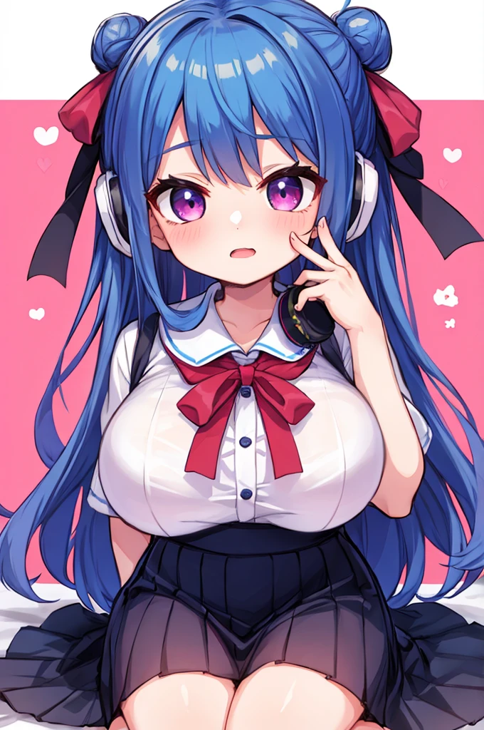 1boys, Alone, tmasterpiece, Best quality at best, absurd res, cute big breasts, Extremely detailed face, perfect litthing, haka doll 3, Very long hair, Blue hair, a purple eye, hair adornments, Earphone, 校服, pleatedskirt, Be red in the face